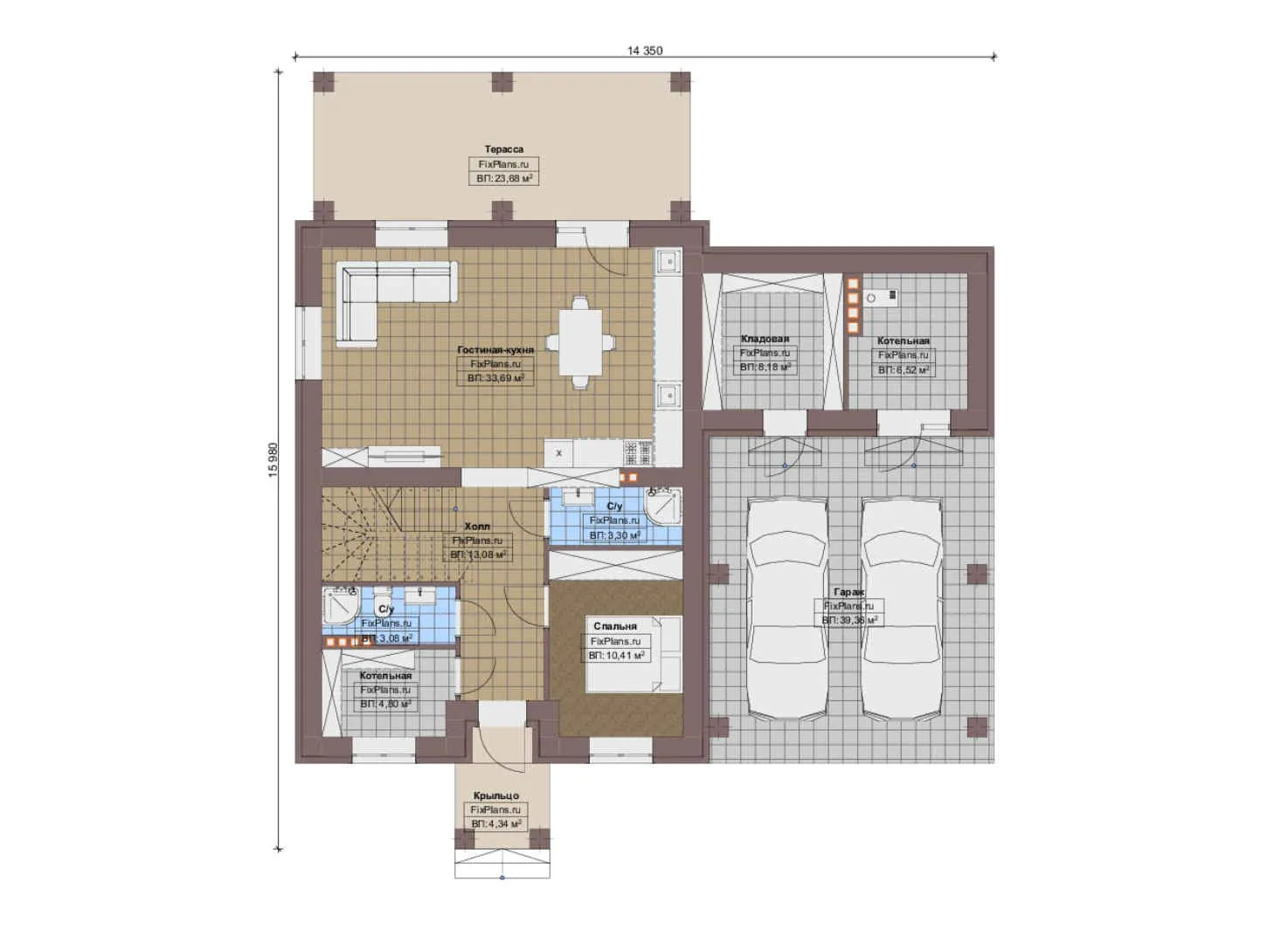 F-13103 - Планы двухэтажного дома 15 на 16, площадью 220 м² с террасой, гаражом на 2 машины и 4 спальнями