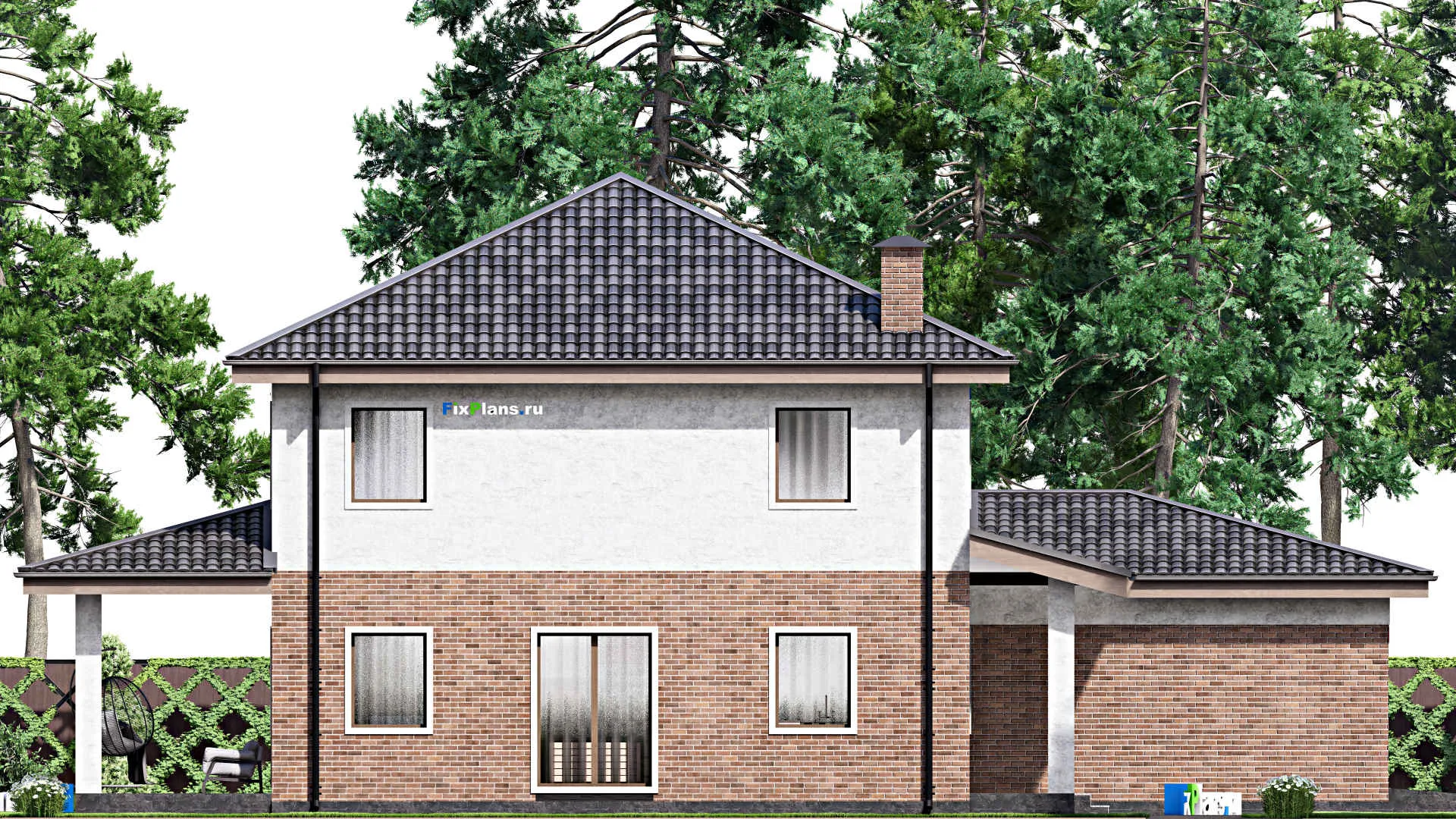 F-13013 - Планы двухэтажного дома 12 на 21, площадью 260 м² с террасой, гаражом на 2 машины и 5 спальнями