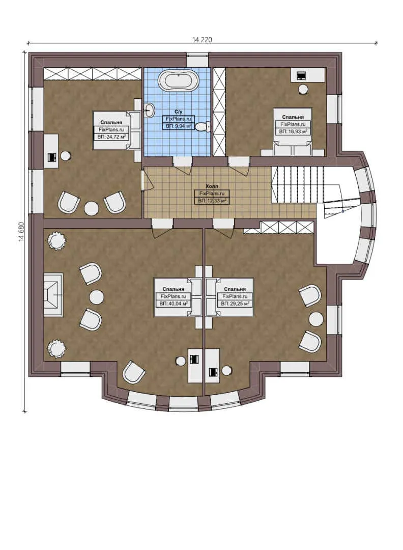 F-0566 - Планы двухэтажного дома 15 на 17, площадью 300 м² с 5 спальнями