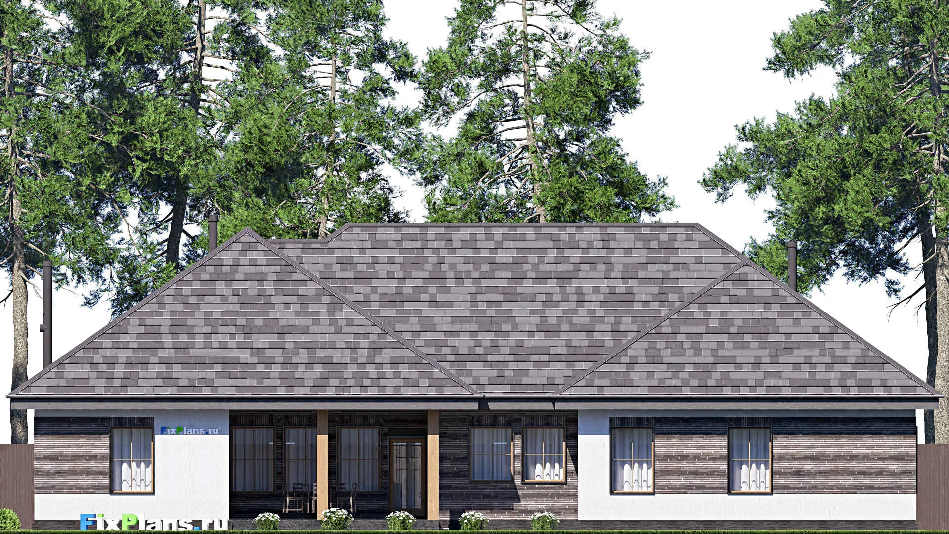 F-19880 - План одноэтажного дома 18 на 24, площадью 280 м² с террасой, гаражом на 2 машины и 3 спальнями