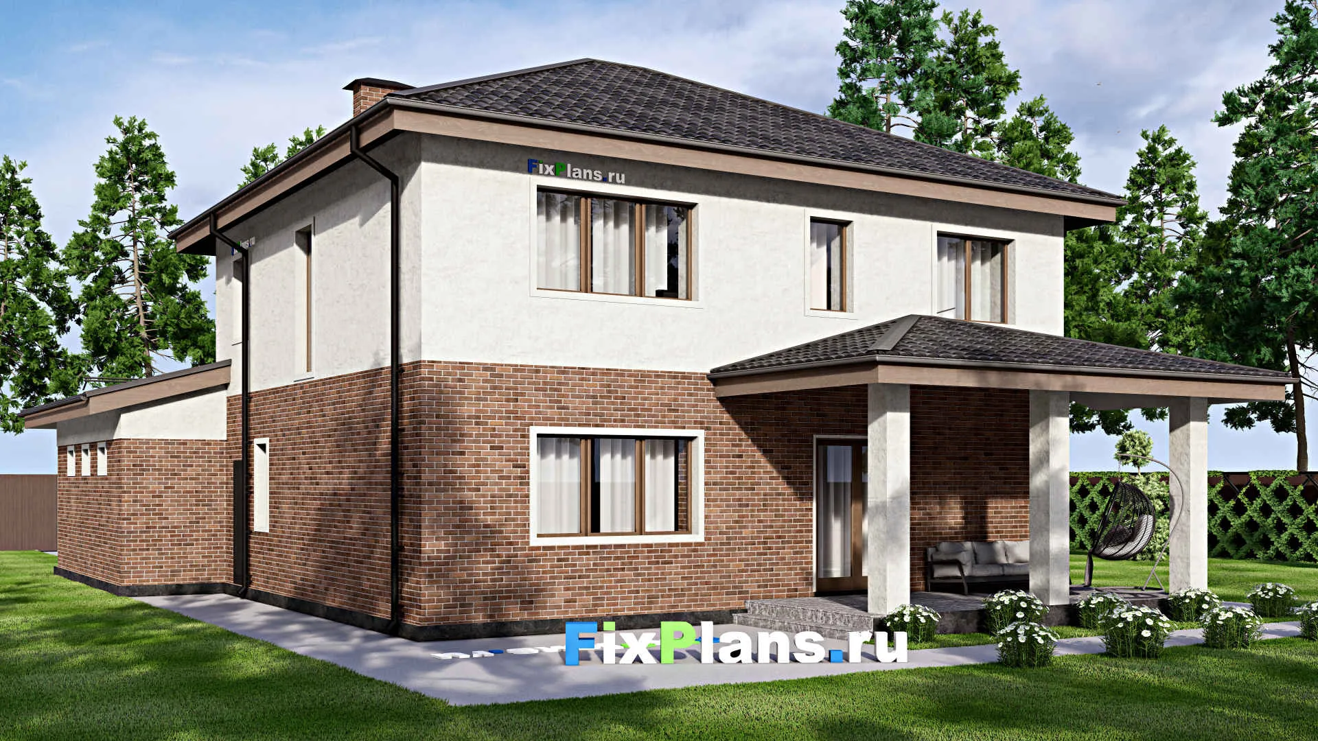 F-13013 - Планы двухэтажного дома 12 на 21, площадью 260 м² с террасой, гаражом на 2 машины и 5 спальнями