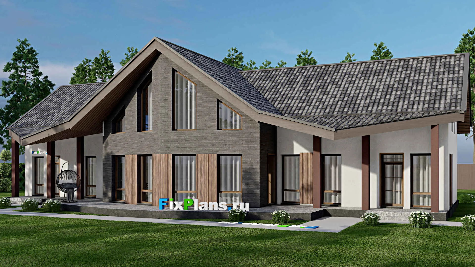 F-10889 - Проект дома с мансардой 16 на 25, площадью 420 м² с террасой и 6 спальнями