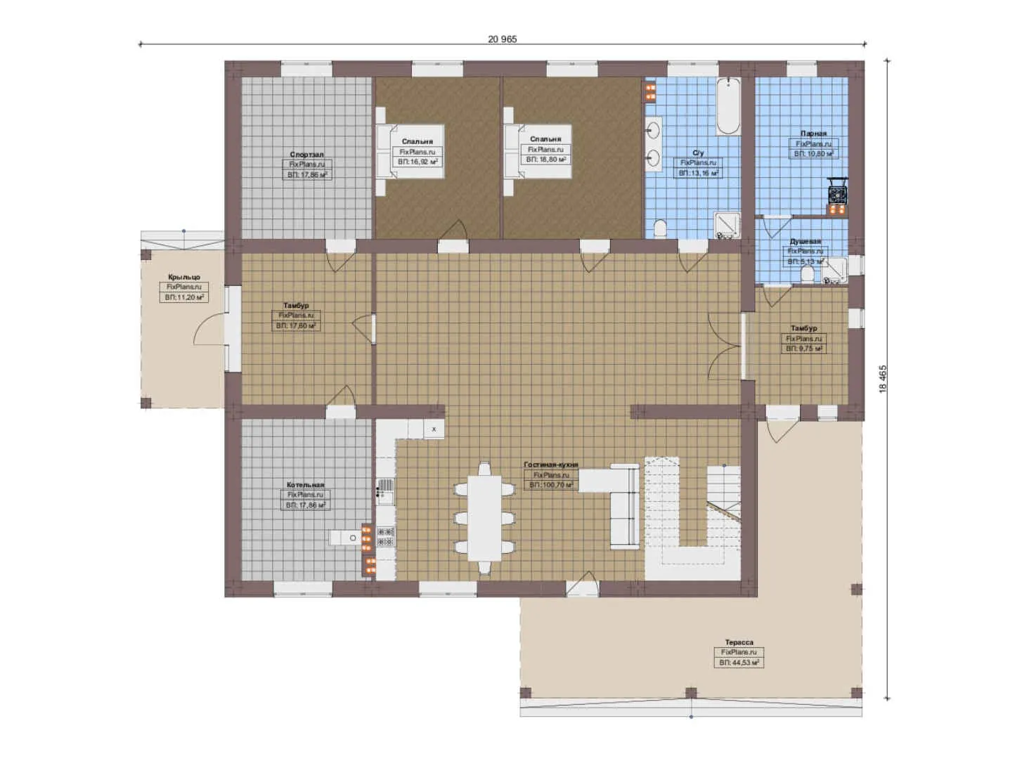 F-17009 - Планы двухэтажного дома 19 на 21, площадью 490 м² с террасой, балконом, баней, спортзалом и 8 спальнями