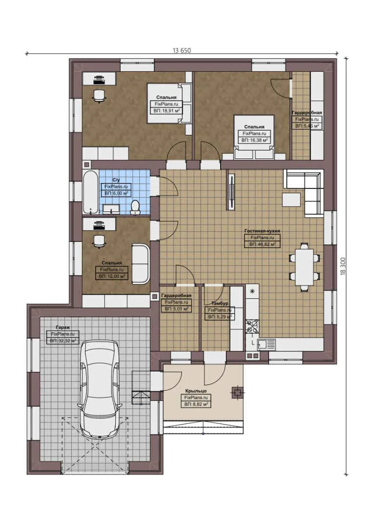 F-1826 - План одноэтажного дома 14 на 19, площадью 160 м² с гаражом на 1 машину и 3 спальнями