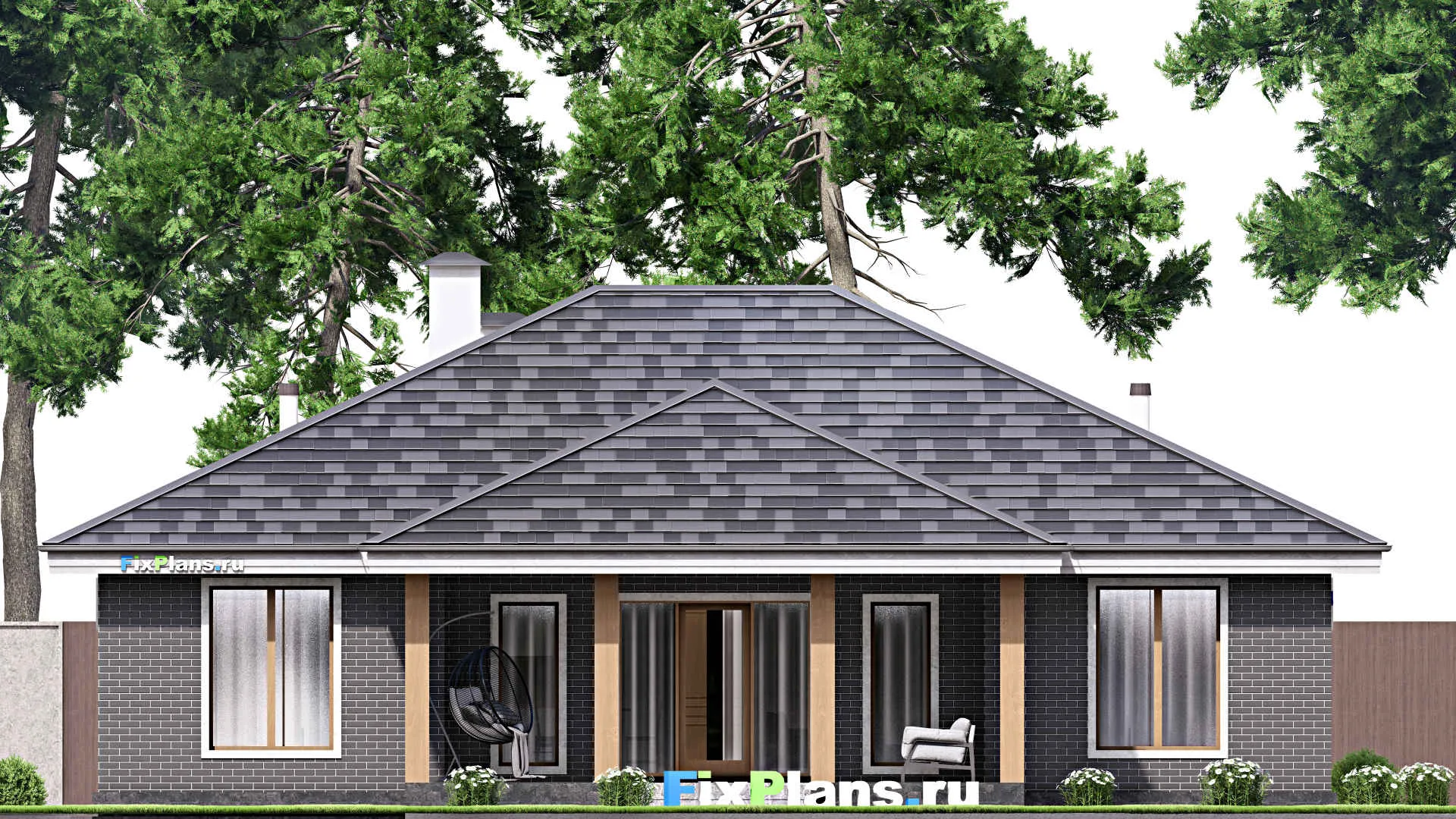 F-15245 - План одноэтажного дома 16 на 16, площадью 170 м² с террасой и 4 спальнями