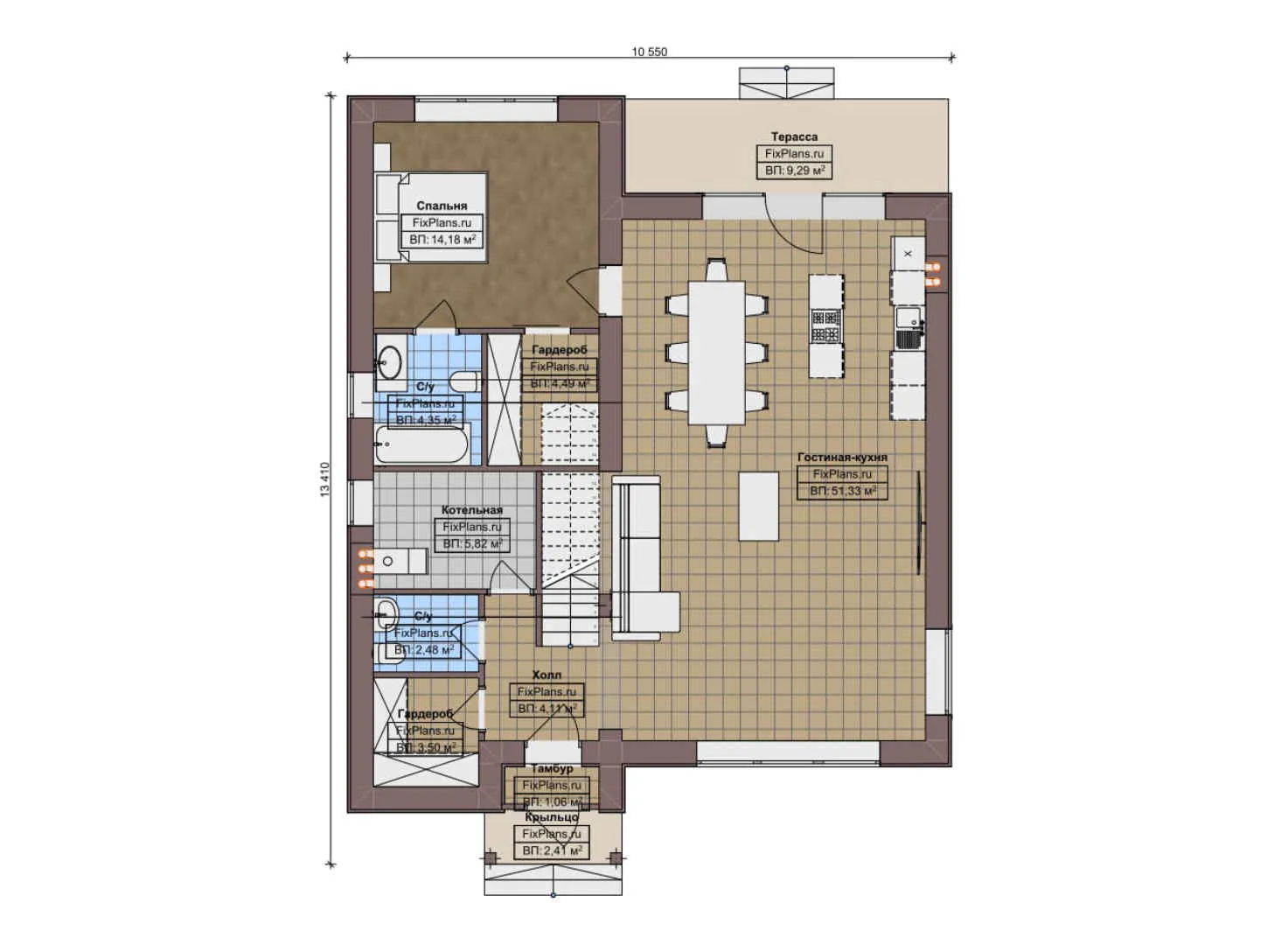 F-10160 - Планы дома с мансардой 11 на 14, площадью 150 м² с террасой и 3 спальнями