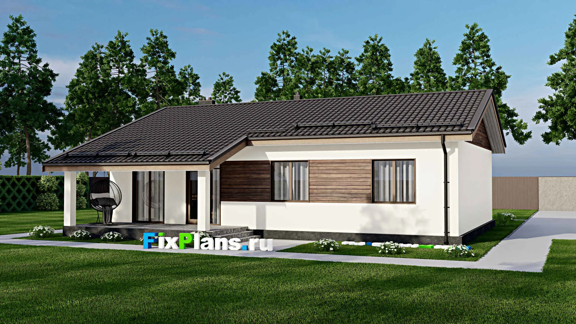 F-5354 - План одноэтажного дома 10 на 14, площадью 130 м² с террасой и 4 спальнями