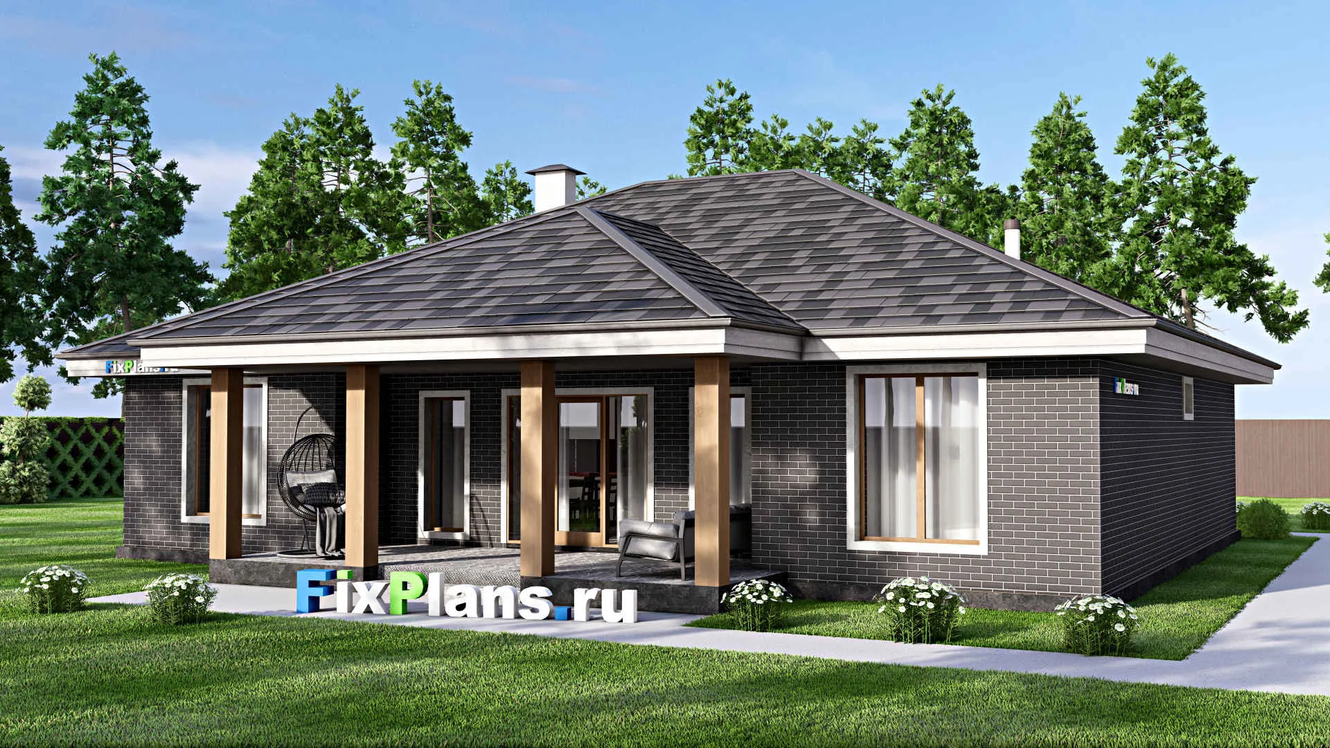 F-15245 - План одноэтажного дома 16 на 16, площадью 170 м² с террасой и 4 спальнями