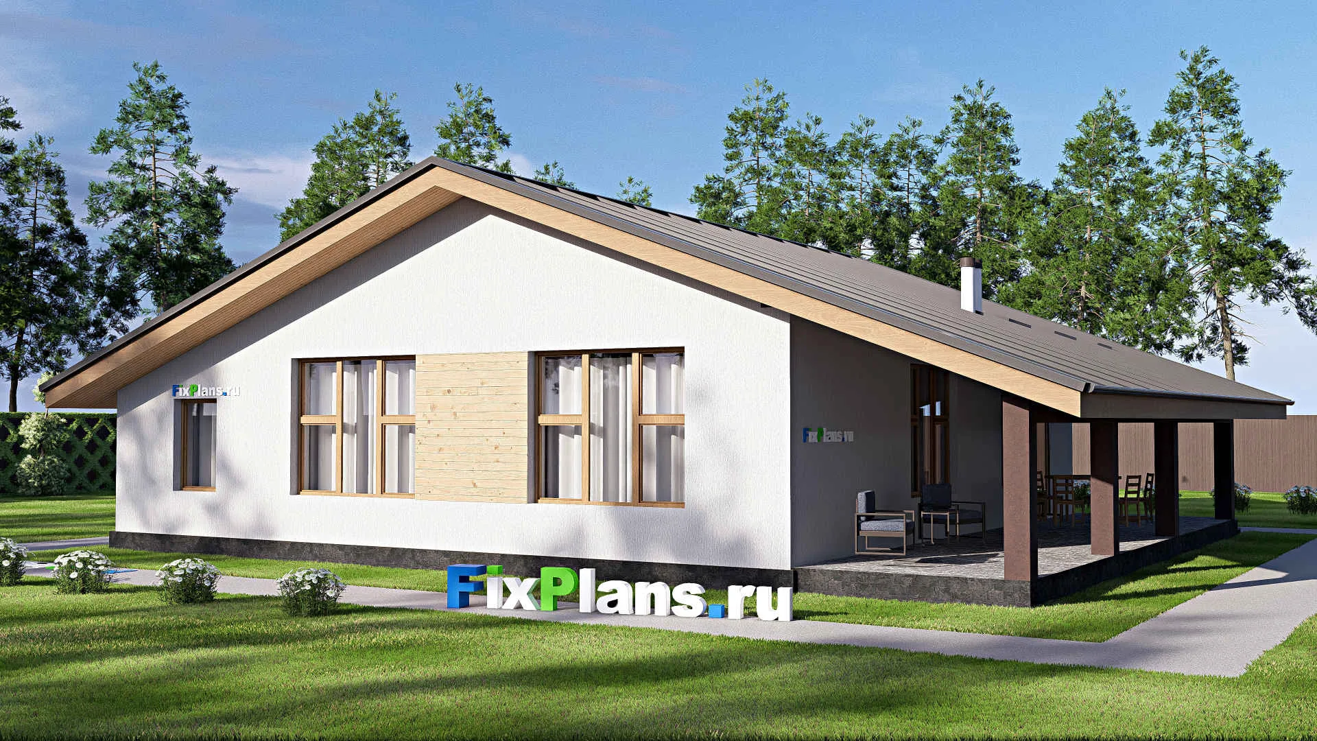 F-19943 - План одноэтажного дома 13 на 16, площадью 170 м² с террасой и 3 спальнями