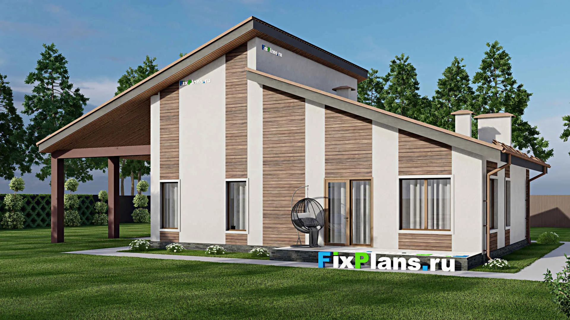 F-9080 - Проект одноэтажного дома 14 на 14, площадью 130 м² с террасой и 2 спальнями