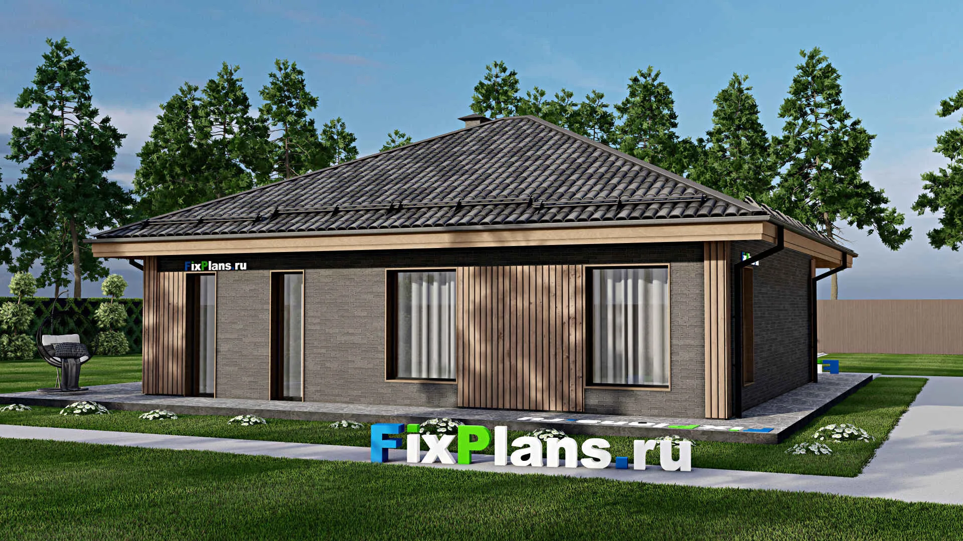 F-7883 - Проект одноэтажного дома 12 на 12, площадью 220 м² с террасой и 3 спальнями