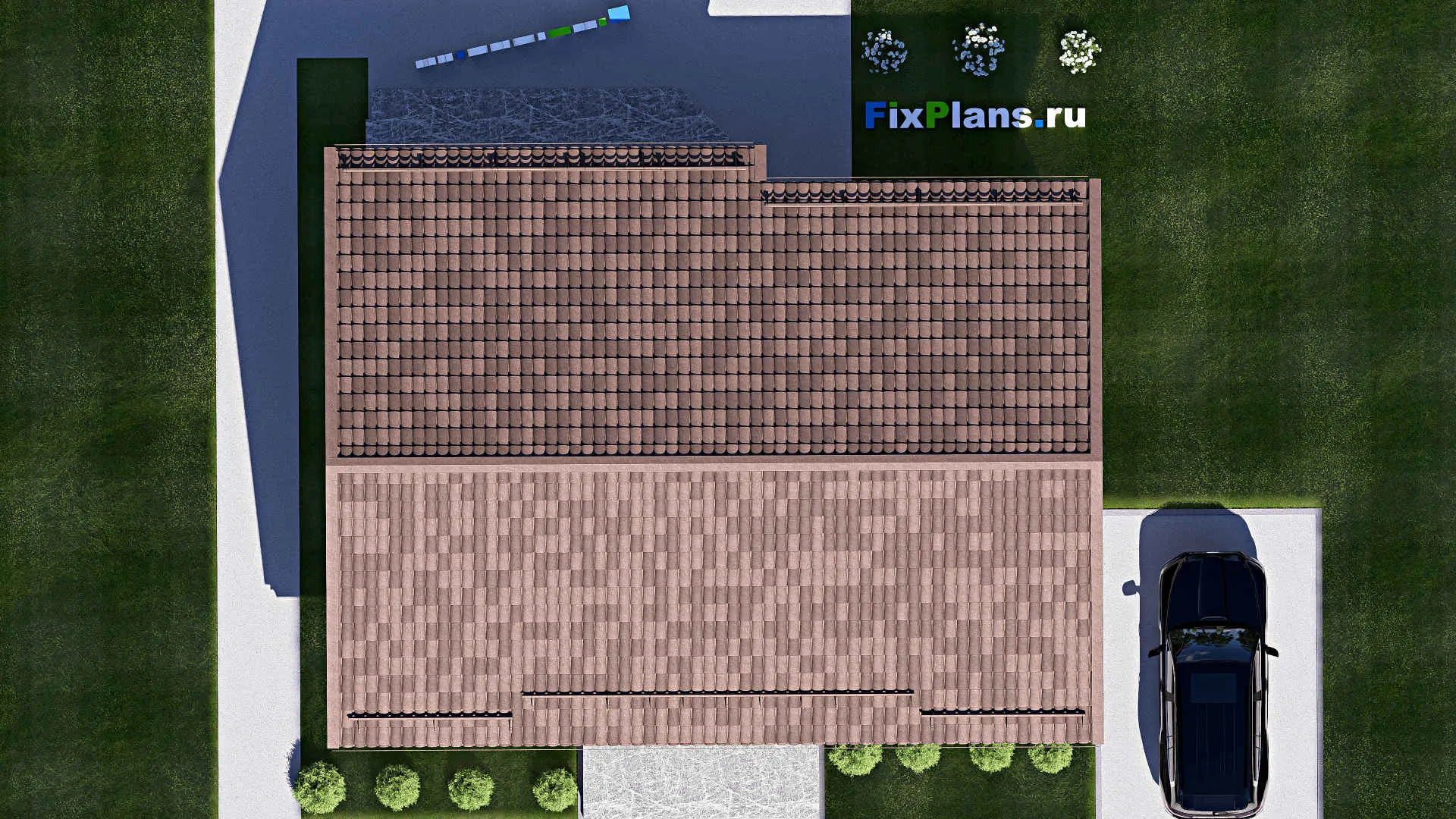 F-17261 - Проект одноэтажного дома 13 на 13, площадью 110 м² с террасой и 3 спальнями