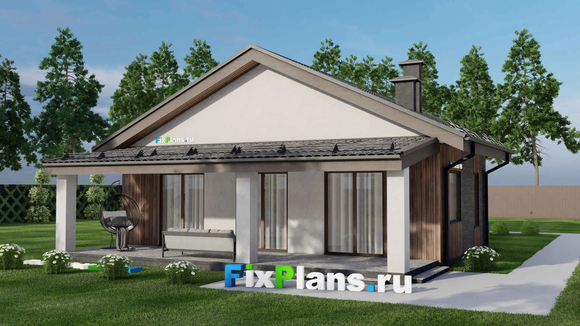 F-6299 - План одноэтажного дома 11 на 14, площадью 140 м² с террасой и 3 спальнями