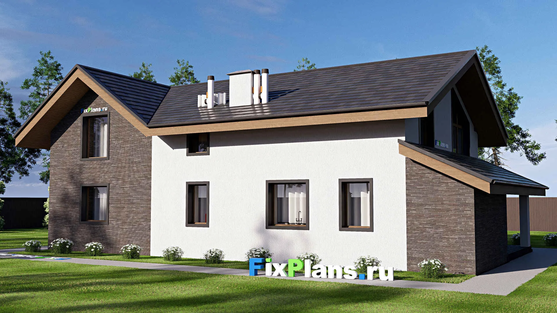 F-19664 - Проект дома с мансардой 11 на 18, площадью 250 м² с террасой, гаражом на 1 машину и 5 спальнями