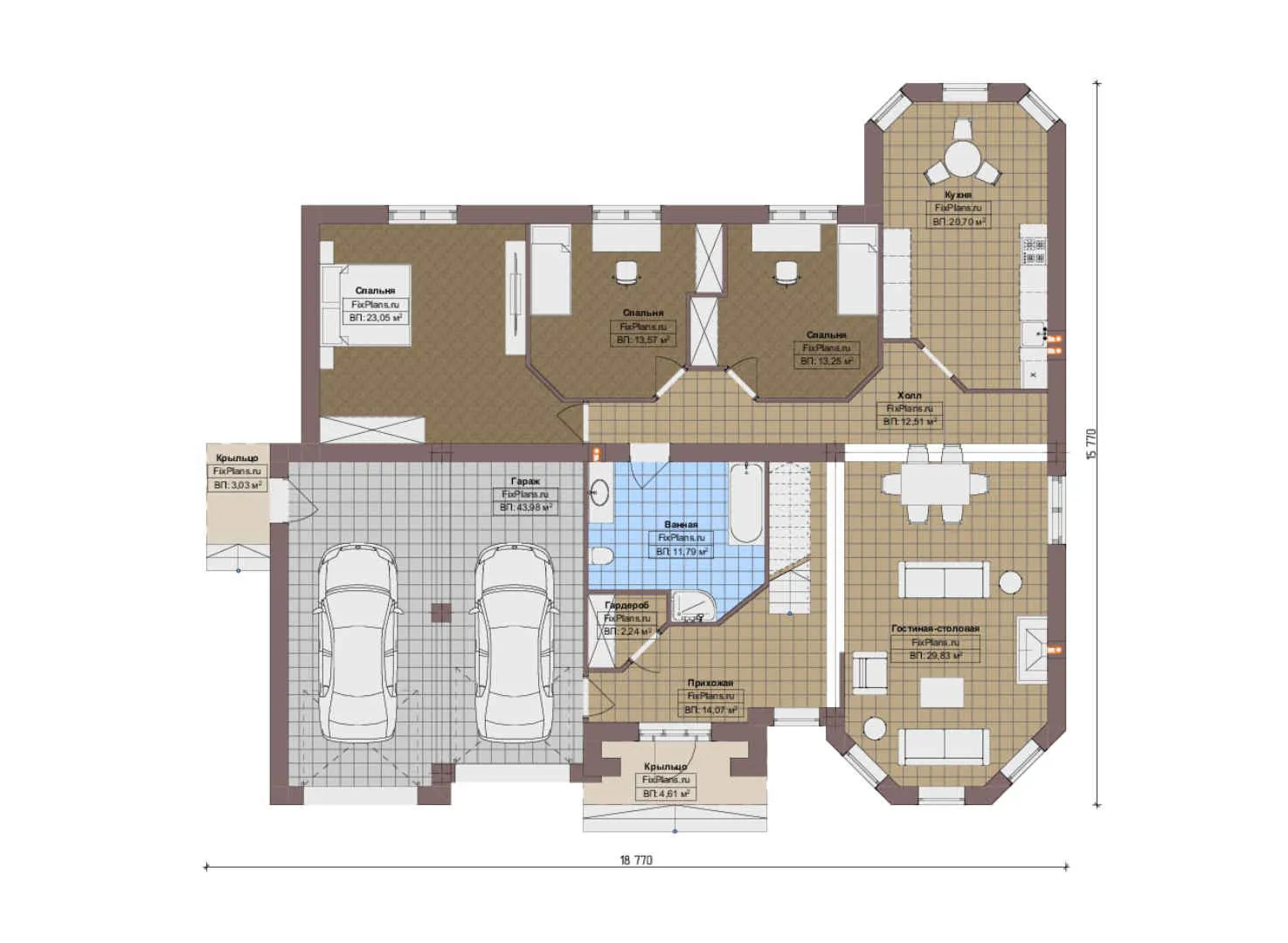F-20168 - План одноэтажного дома 16 на 19, площадью 200 м² с гаражом на 2 машины и 3 спальнями