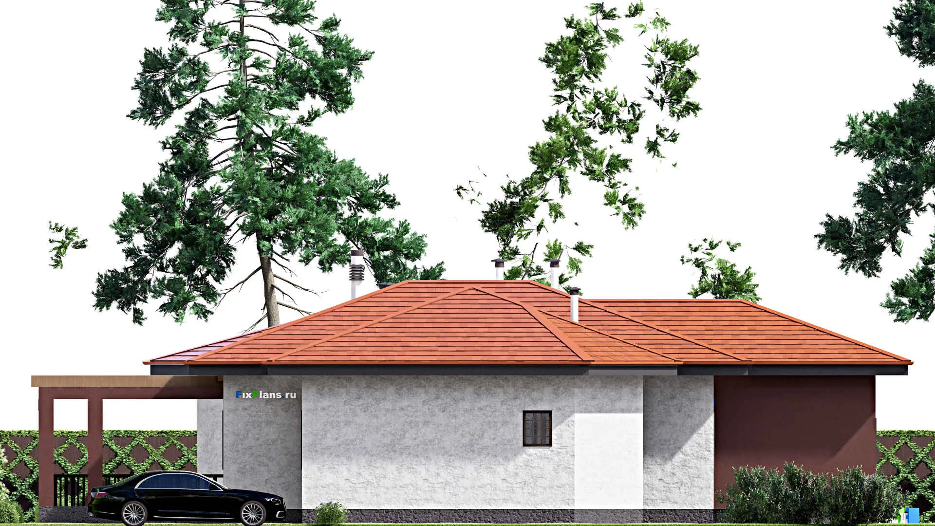 F-15209 - Проект одноэтажного дома 22 на 28, площадью 300 м² с террасой и 4 спальнями