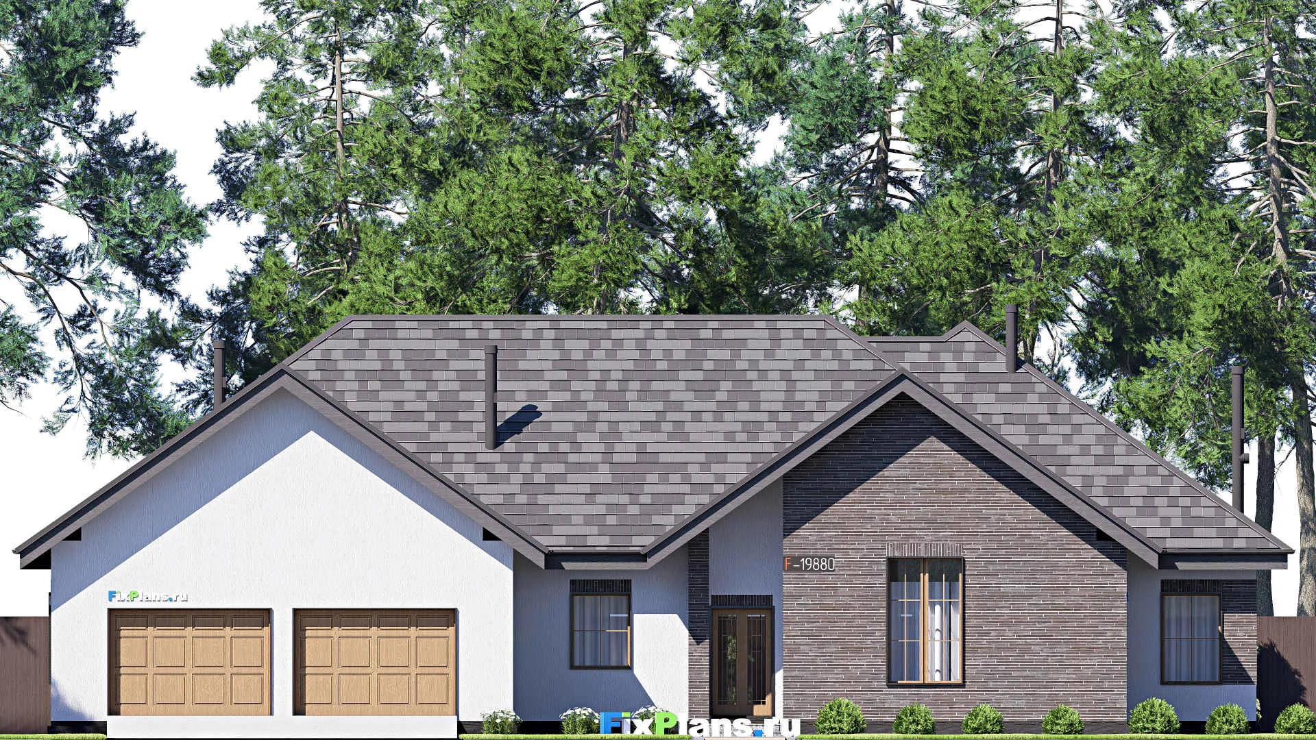 F-19880 - План одноэтажного дома 18 на 24, площадью 280 м² с террасой, гаражом на 2 машины и 3 спальнями