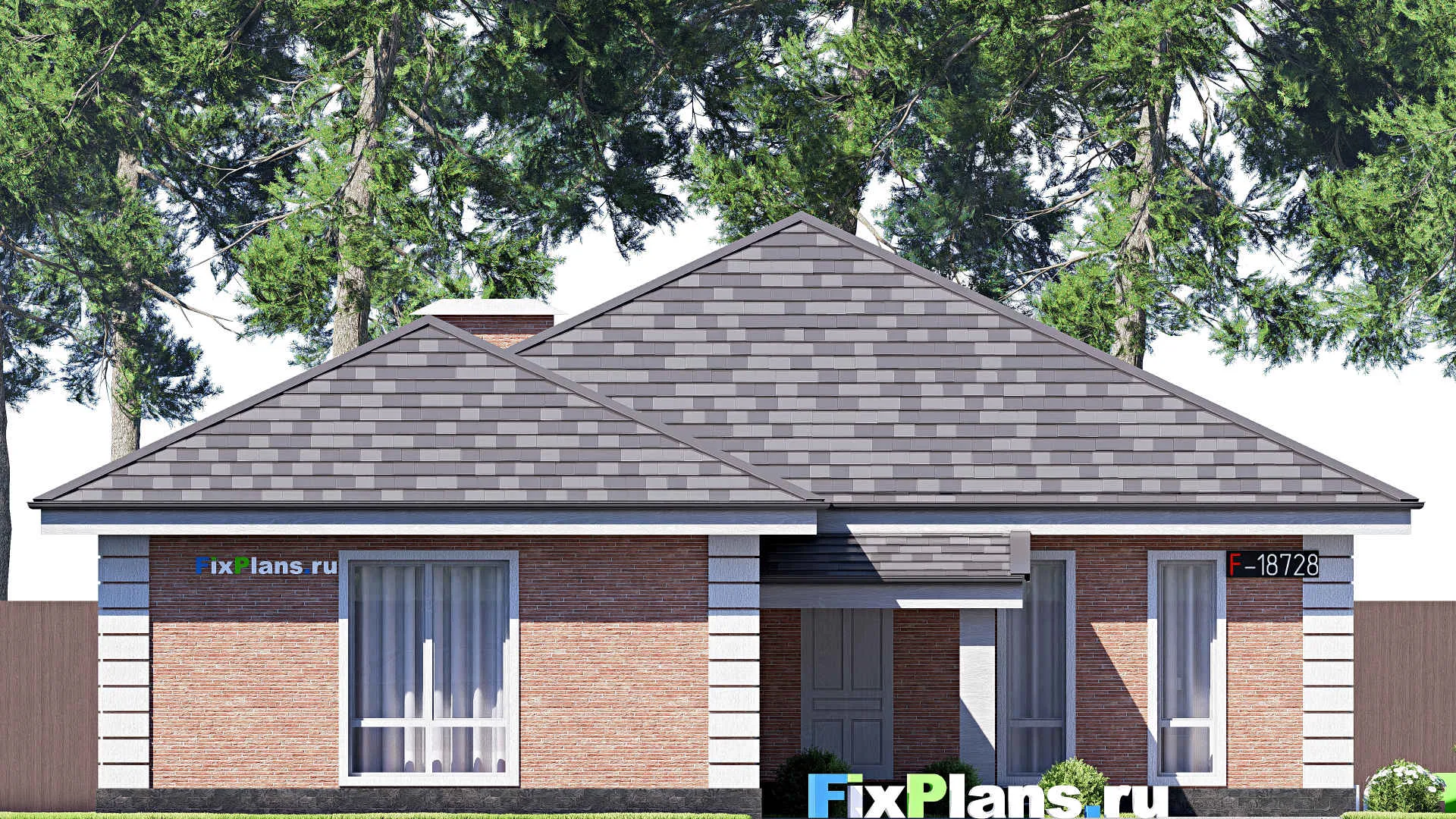 F-18728 - План одноэтажного дома 14 на 24, площадью 200 м² с террасой, гаражом на 2 машины и 3 спальнями