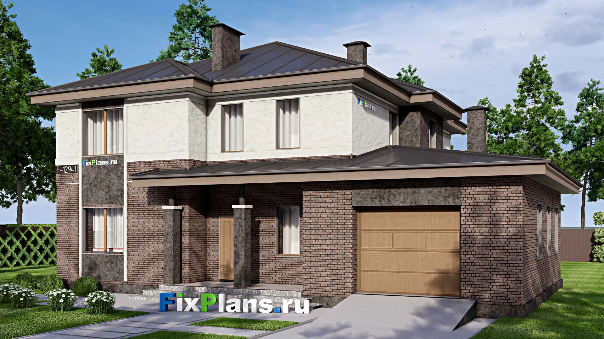 F-12941 - Проект двухэтажного дома 17 на 17, площадью 260 м² с террасой, гаражом на 1 машину и 4 спальнями