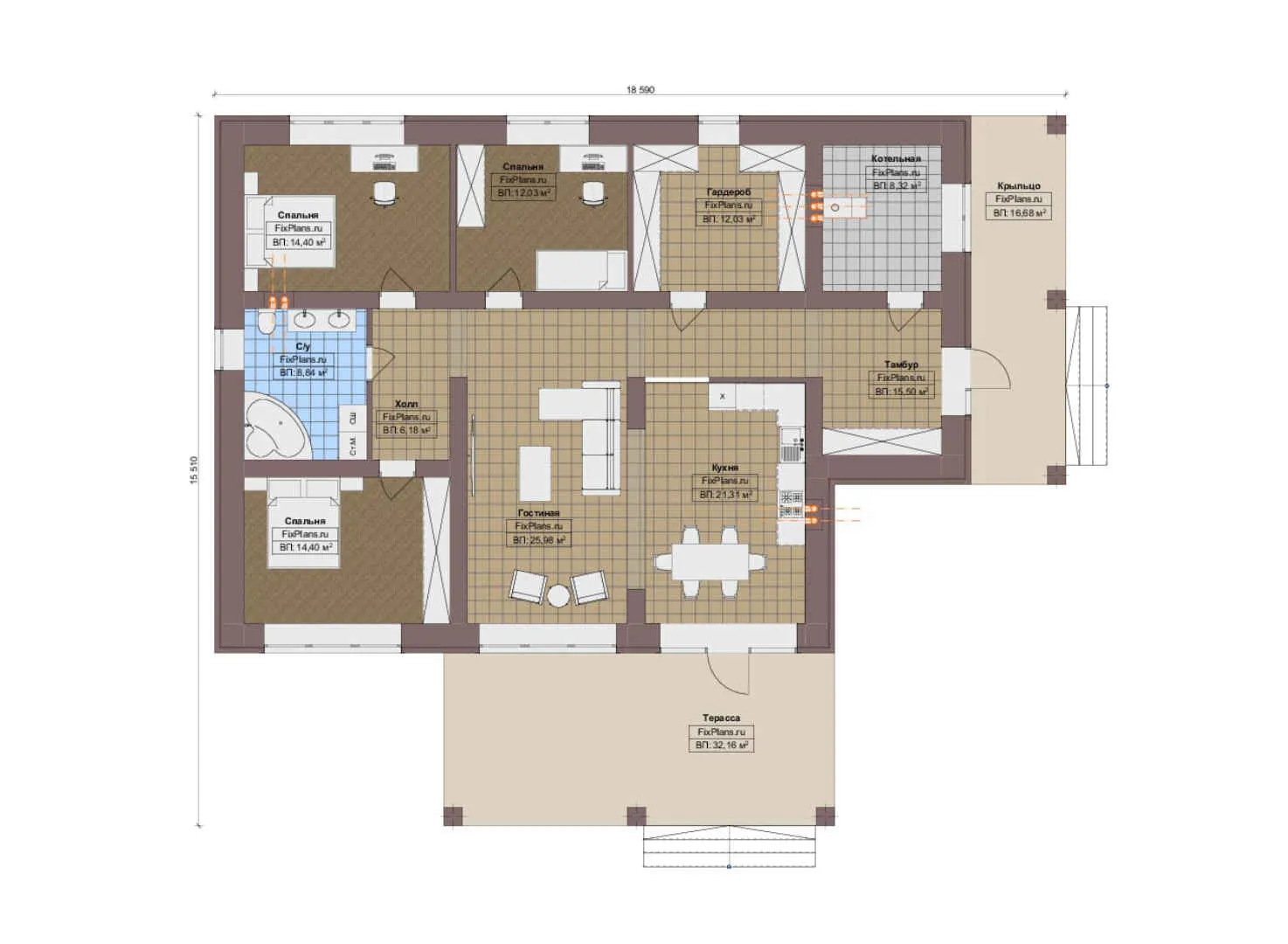 F-9269 - План одноэтажного дома 16 на 19, площадью 190 м² с террасой и 3 спальнями