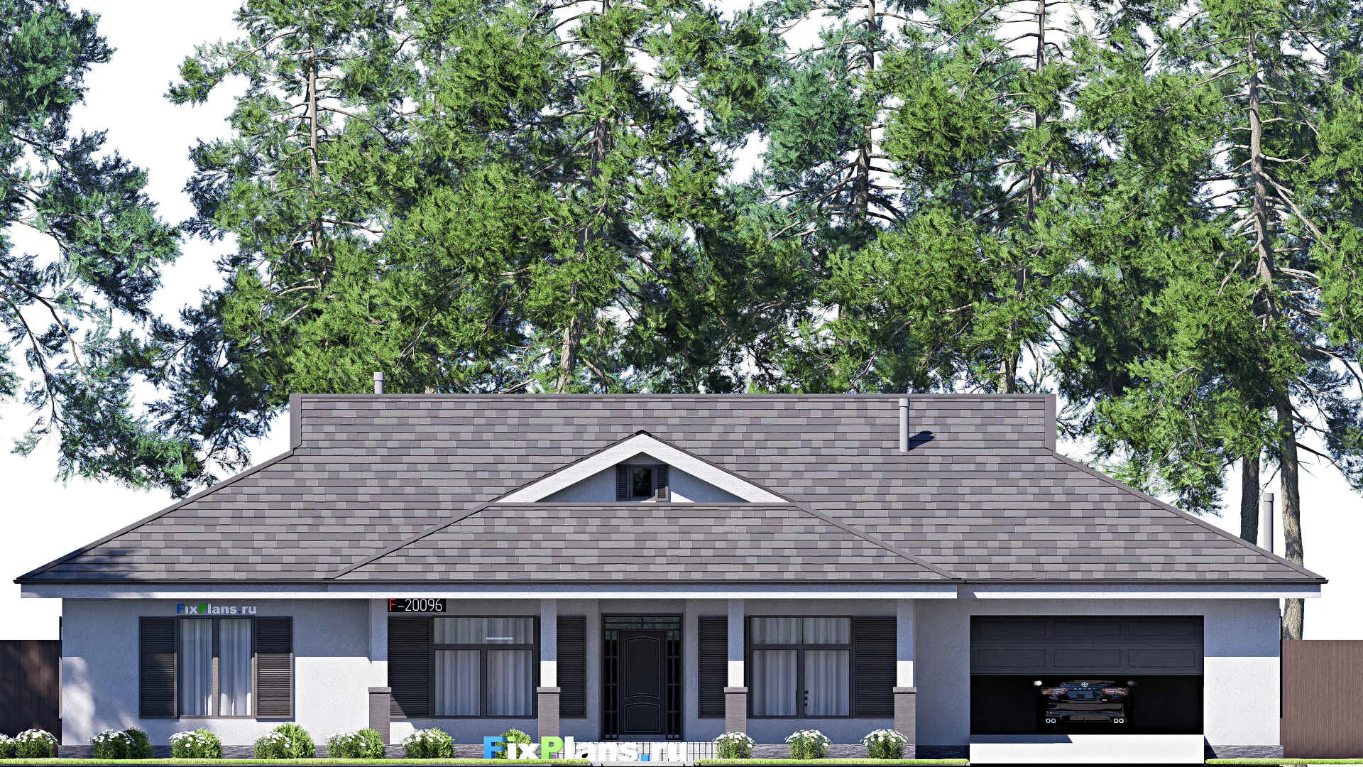 F-20096 - Проект одноэтажного дома 20 на 24, площадью 320 м² с террасой, гаражом на 2 машины и 5 спальнями