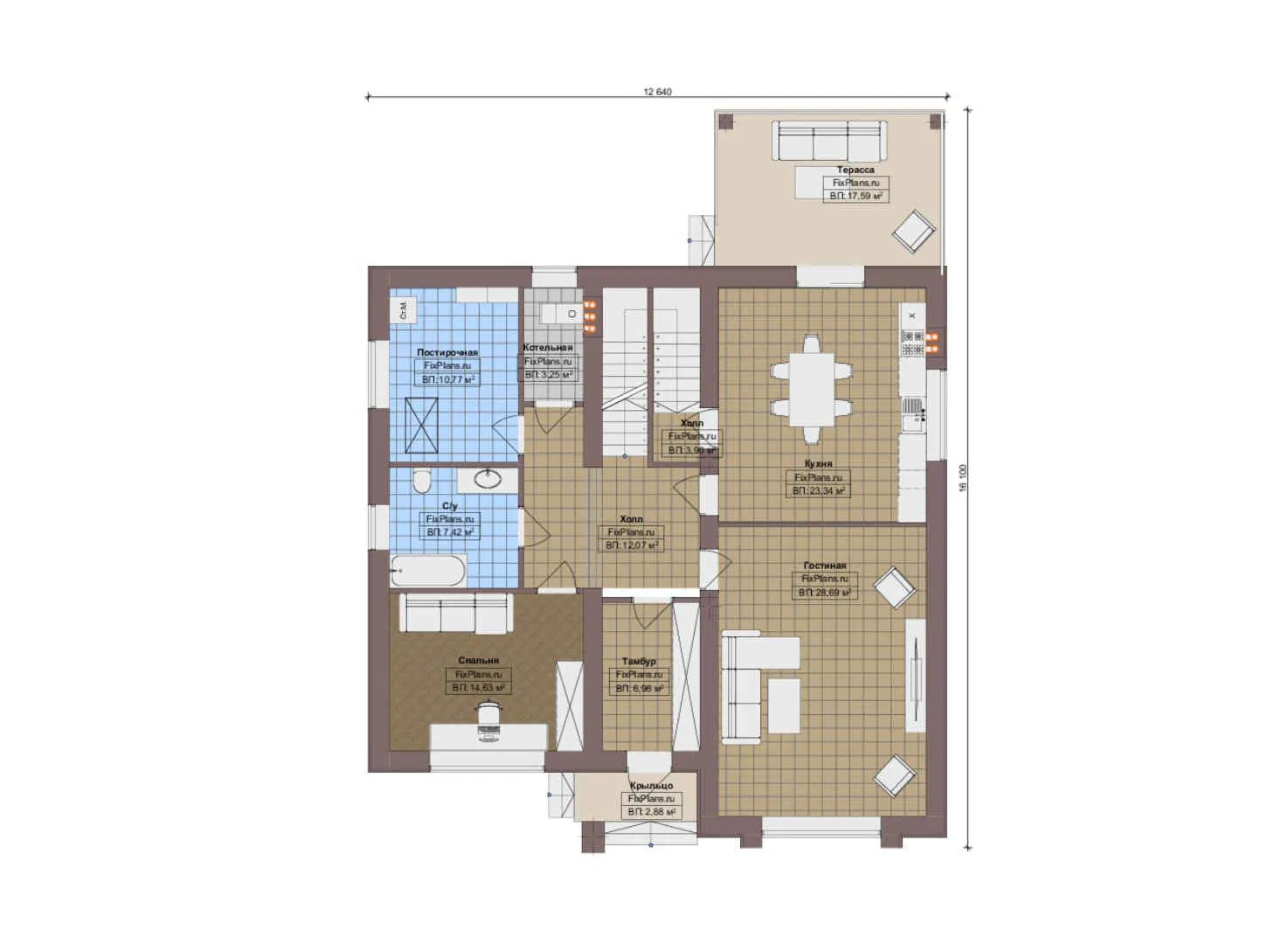 F-13004 - Планы двухэтажного дома 13 на 17, площадью 250 м² с террасой, балконом и 5 спальнями