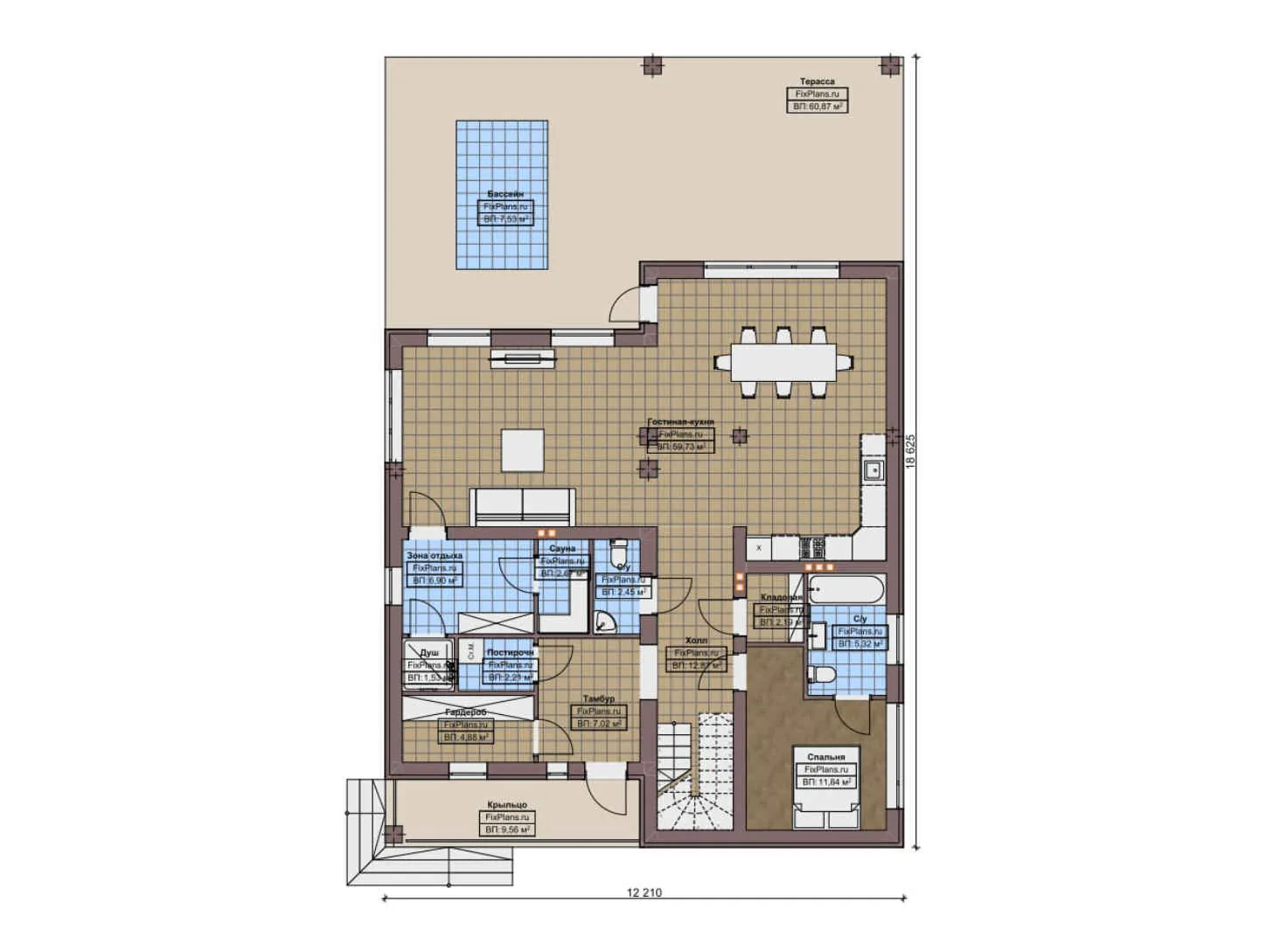 F-9845 - Планы двухэтажного дома 13 на 19, площадью 550 м² с террасой, балконом, баней, бассейном и 8 спальнями