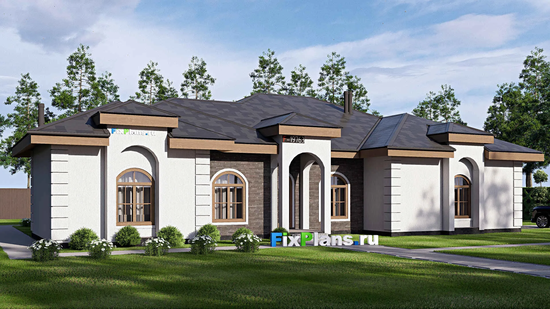 F-19763 - Проект одноэтажного дома 17 на 22, площадью 260 м² с гаражом на 2 машины и 4 спальнями