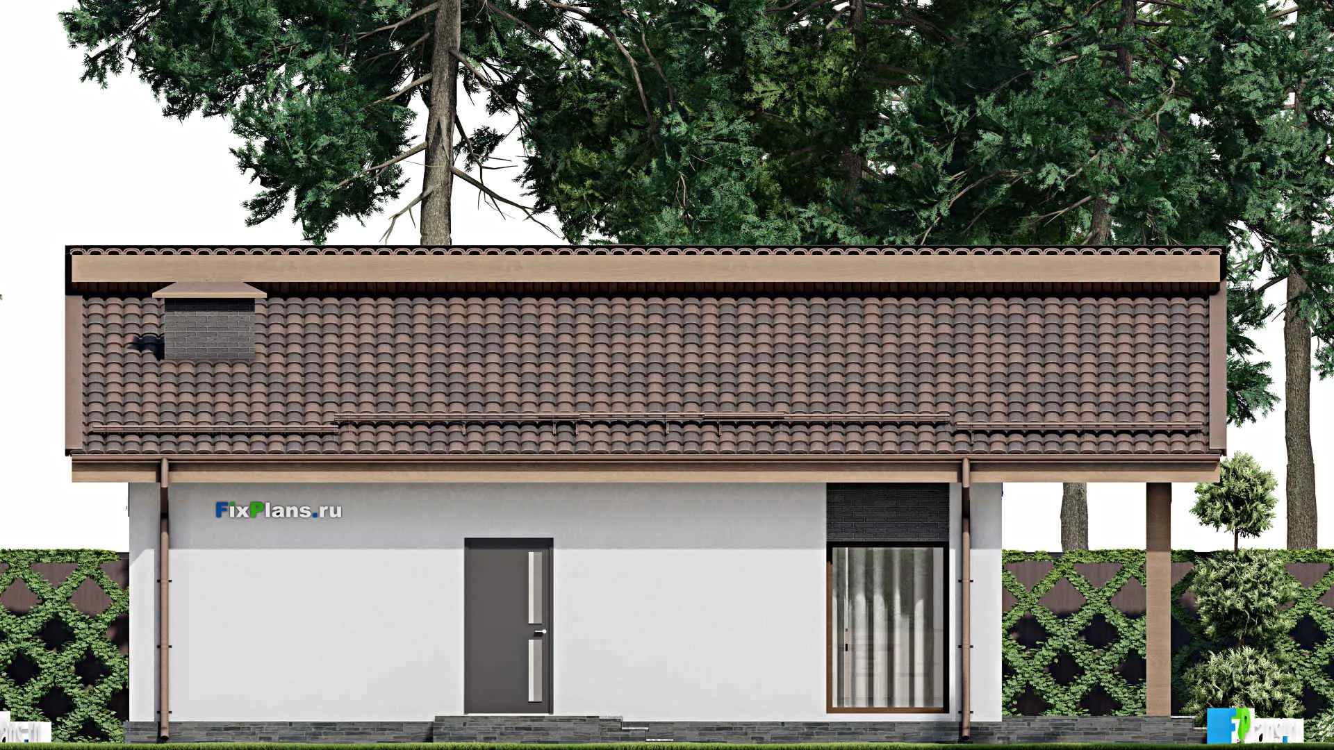 F-9809 - Проект одноэтажного дома 12 на 13, площадью 110 м² с террасой, баней и 2 спальнями