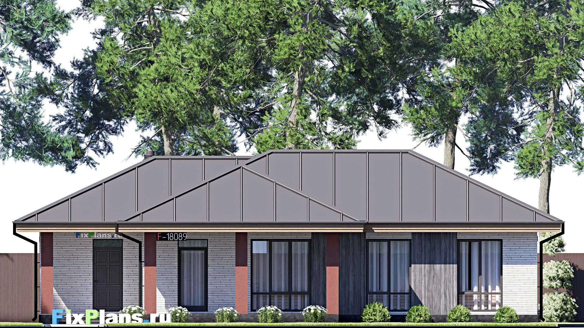 F-18089 - Проект одноэтажного дома 11 на 17, площадью 120 м² с террасой и 2 спальнями