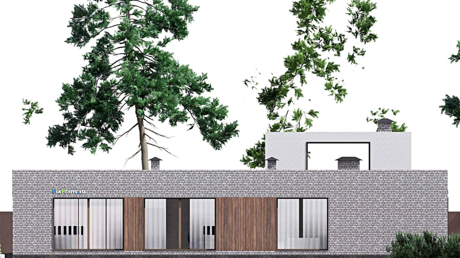 F-15749 - План одноэтажного дома 21 на 21, площадью 300 м² с террасой, гаражом на 2 машины и 3 спальнями