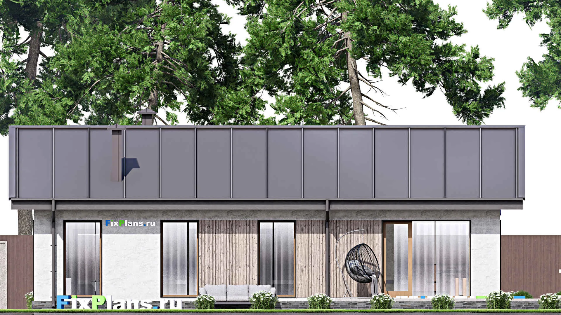 F-12599 - План одноэтажного дома 12 на 18, площадью 130 м² с террасой, баней и 3 спальнями