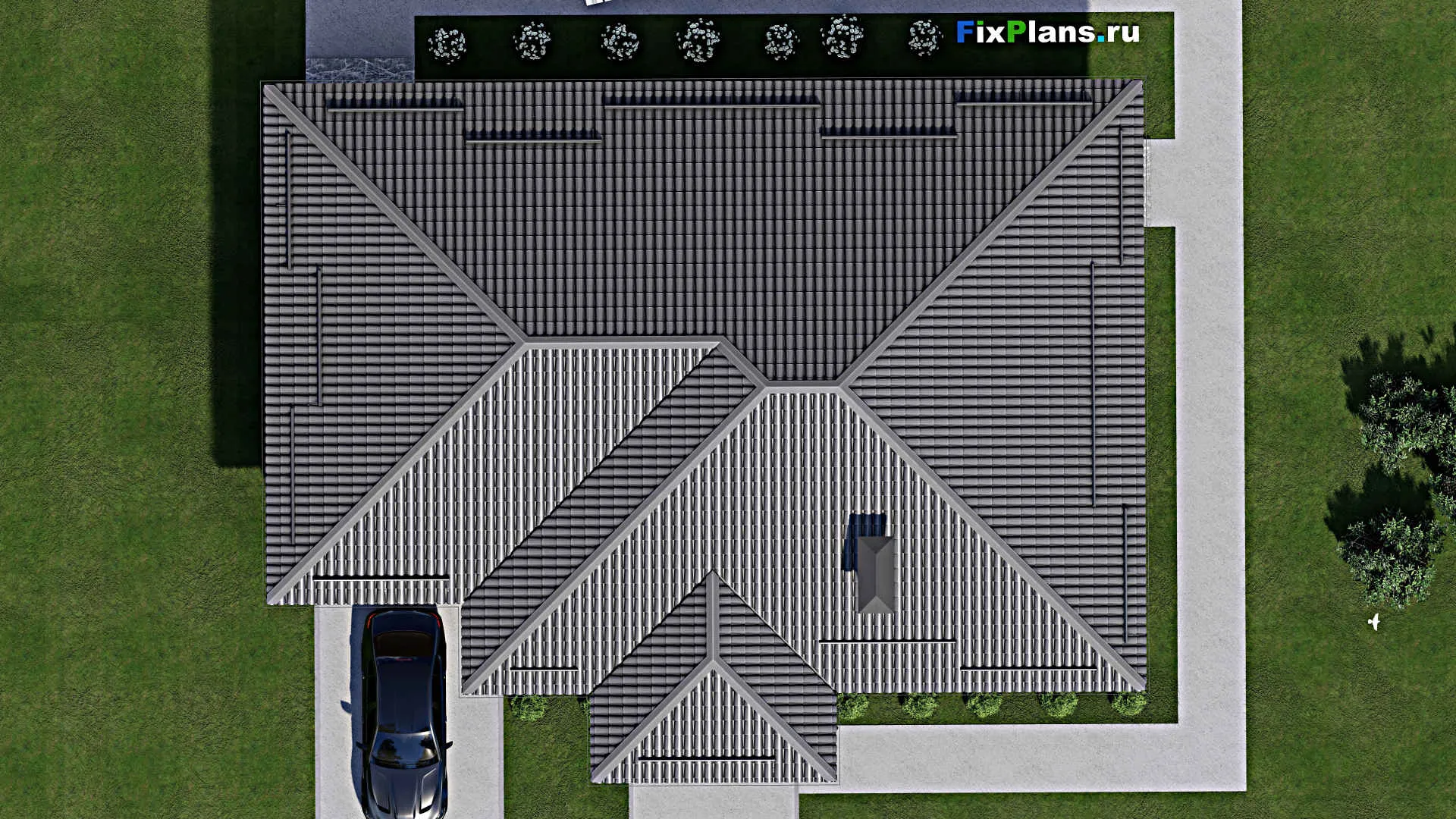 F-2555 - План одноэтажного дома 12 на 18, площадью 180 м² с террасой, гаражом на 2 машины и 3 спальнями