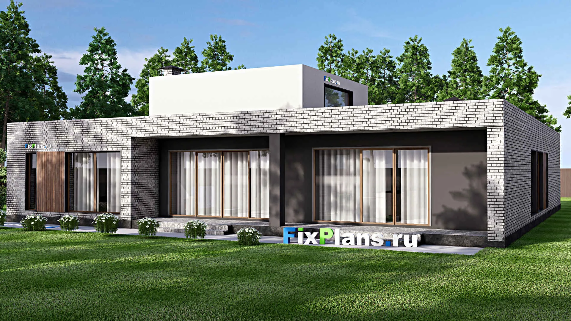 F-15749 - План одноэтажного дома 21 на 21, площадью 300 м² с террасой, гаражом на 2 машины и 3 спальнями