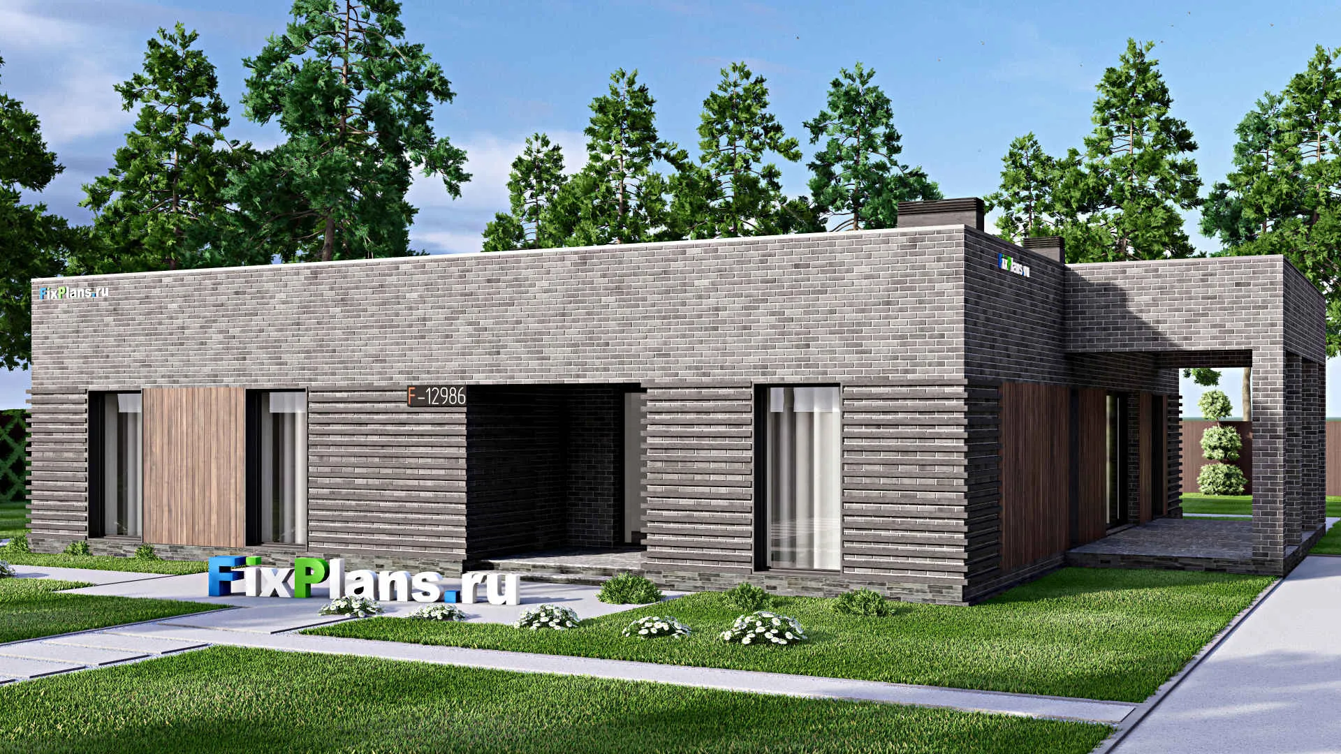 F-12986 - Проект одноэтажного дома 16 на 19, площадью 220 м² с террасой и 4 спальнями