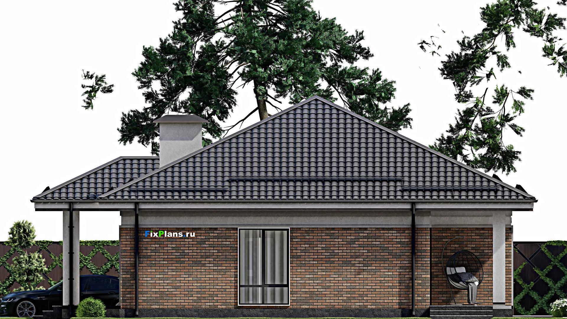 F-2555 - План одноэтажного дома 12 на 18, площадью 180 м² с террасой, гаражом на 2 машины и 3 спальнями