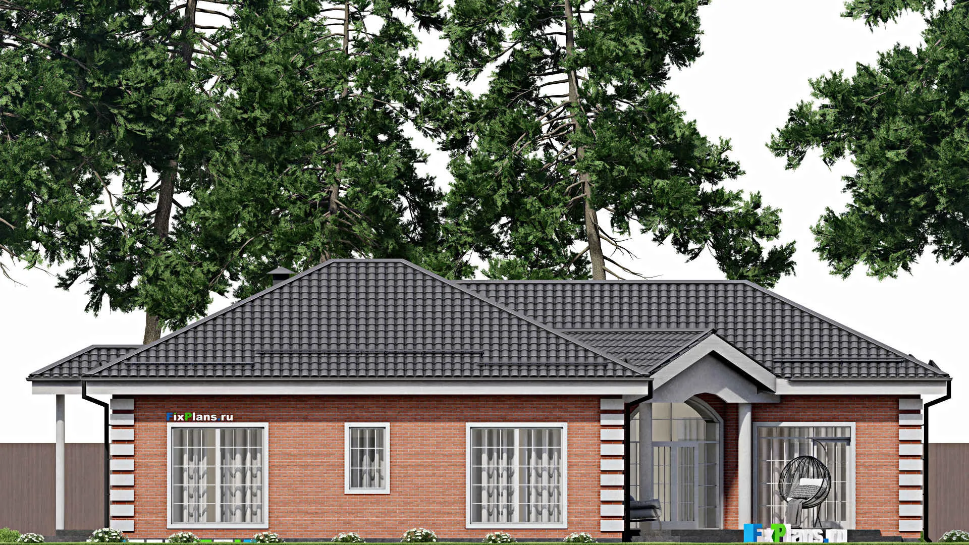 F-3662 - Проект одноэтажного дома 15 на 19, площадью 210 м² с террасой, гаражом на 1 машину и 3 спальнями