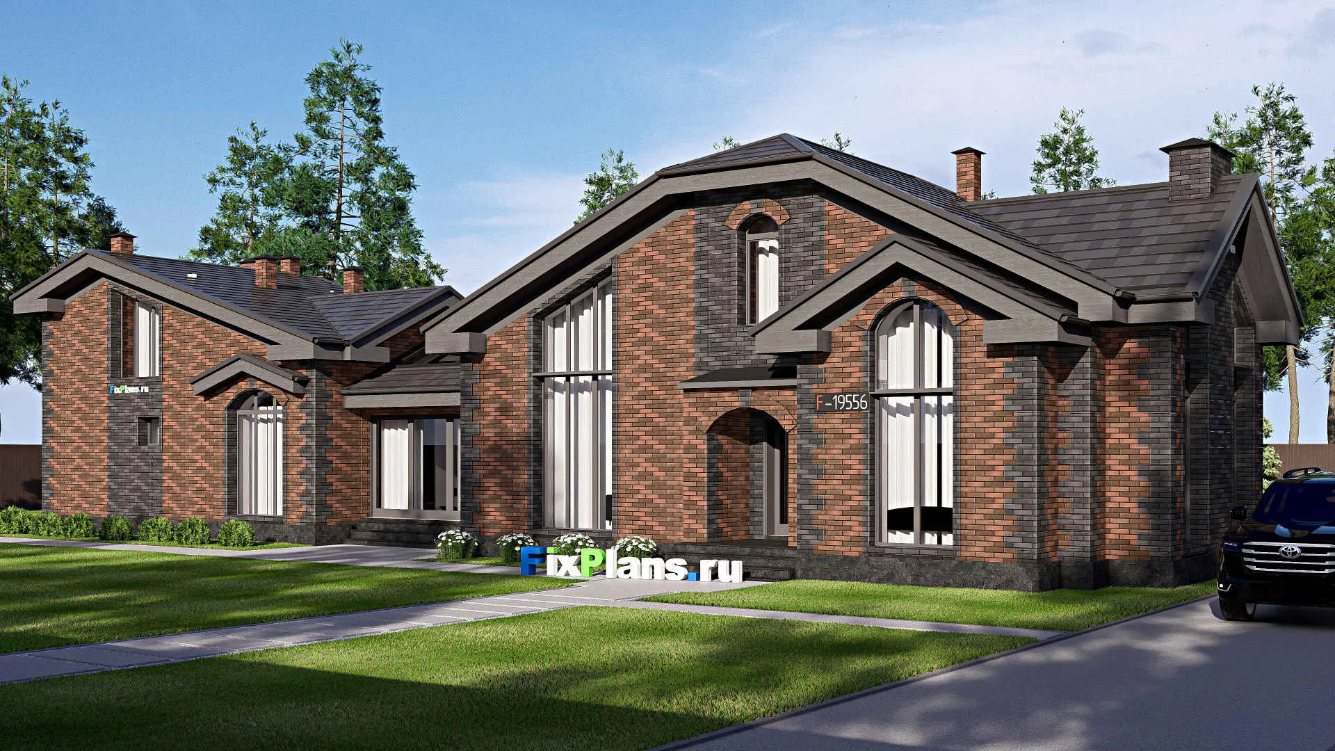 F-19556 - Проект дома с мансардой 8 на 32, площадью 190 м² с террасой, баней и 1 спальнями