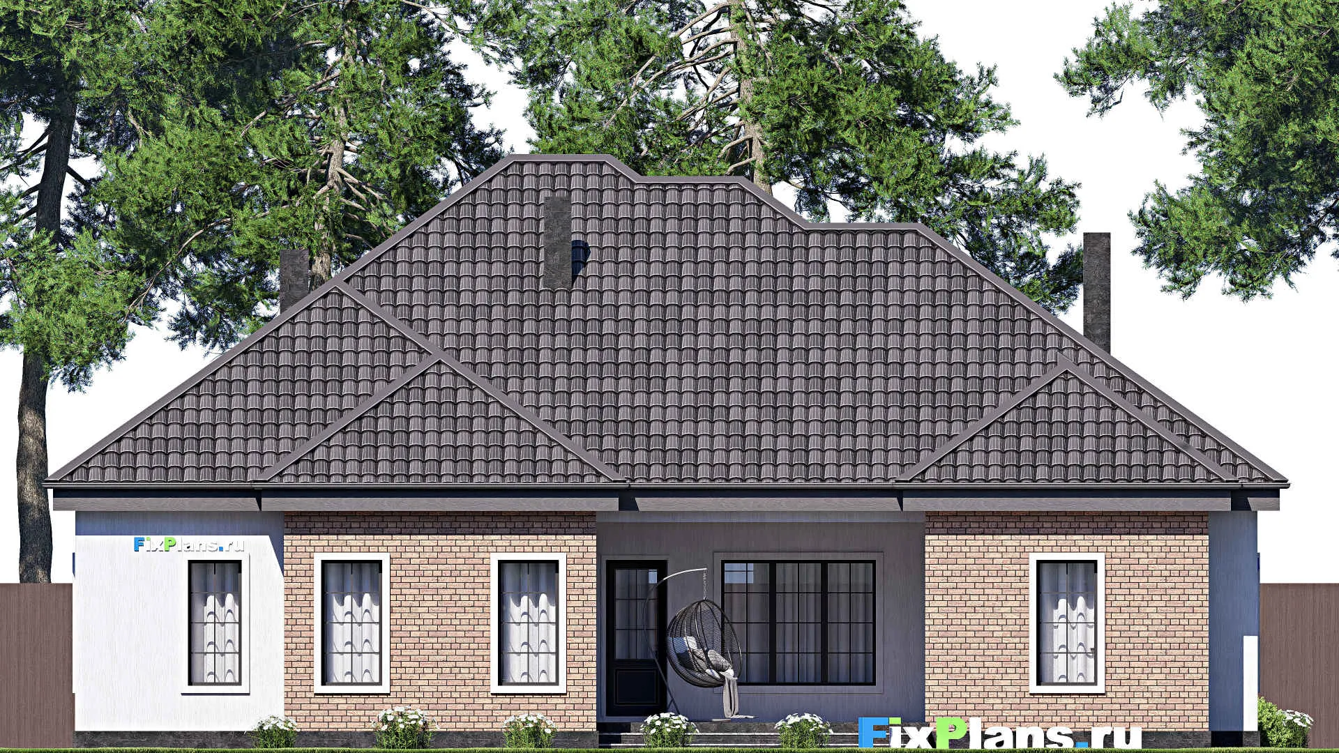 F-17099 - Проект одноэтажного дома 17 на 21, площадью 220 м² с террасой, гаражом на 2 машины и 3 спальнями