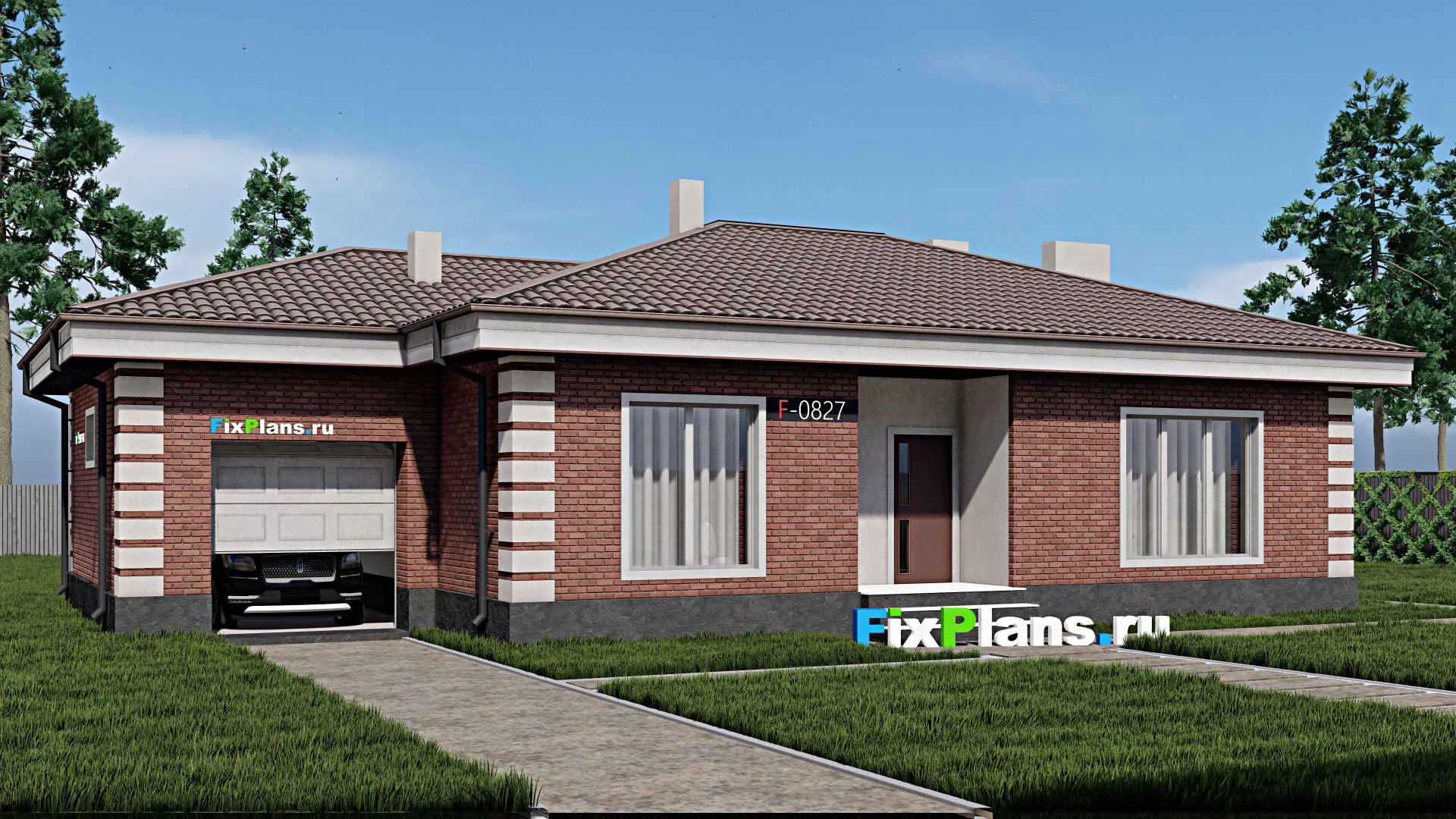 F-0827 - Проект одноэтажного дома 11 на 18, площадью 150 м² с террасой, гаражом на 1 машину и 3 спальнями