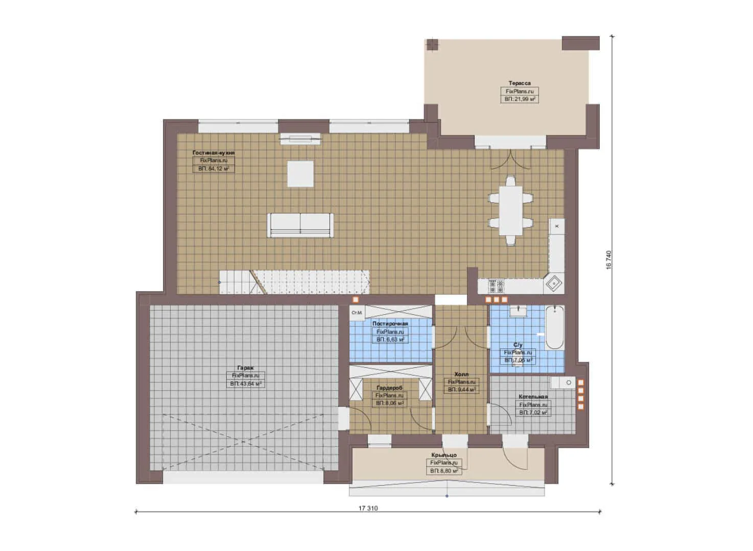 F-11978 - Планы двухэтажного дома 17 на 18, площадью 340 м² с террасой, балконом, гаражом на 2 машины и 3 спальнями
