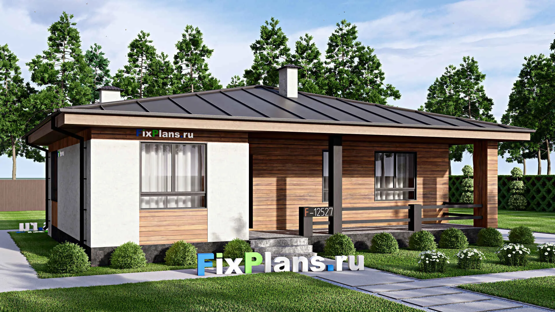 F-12527 - Проект одноэтажного дома 10 на 14, площадью 110 м² с террасой и 2 спальнями