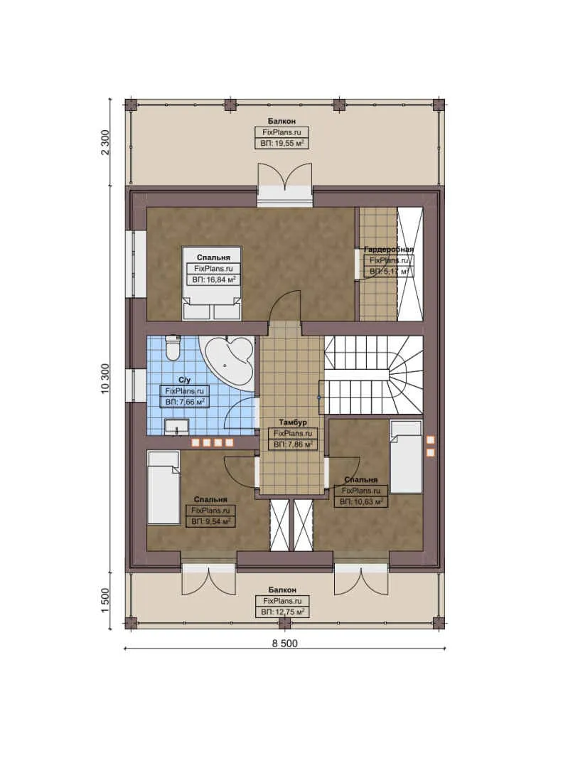 F-5993 - Планы двухэтажного дома 9 на 11, площадью 200 м² с террасой, балконом и 3 спальнями