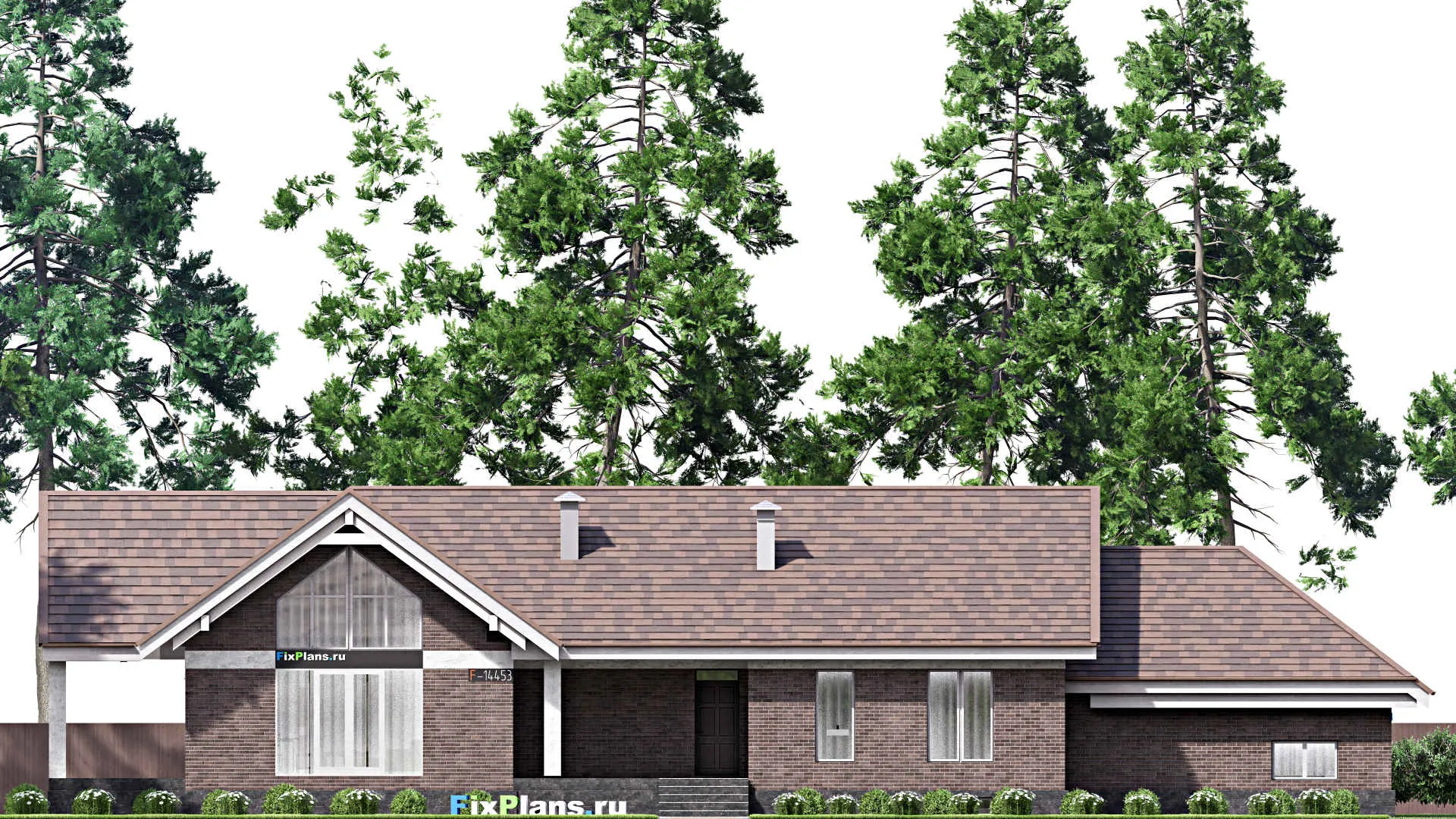 F-14453 - Проект одноэтажного дома 13 на 31, площадью 480 м² с террасой, цокольным этажом, гаражом на 2 машины и 4 спальнями