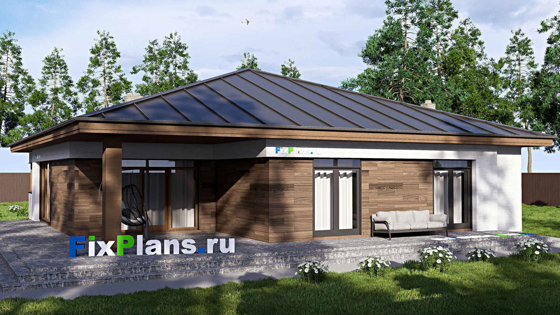 F-16451 - Проект одноэтажного дома 18 на 21, площадью 280 м² с террасой, гаражом на 1 машину и 3 спальнями