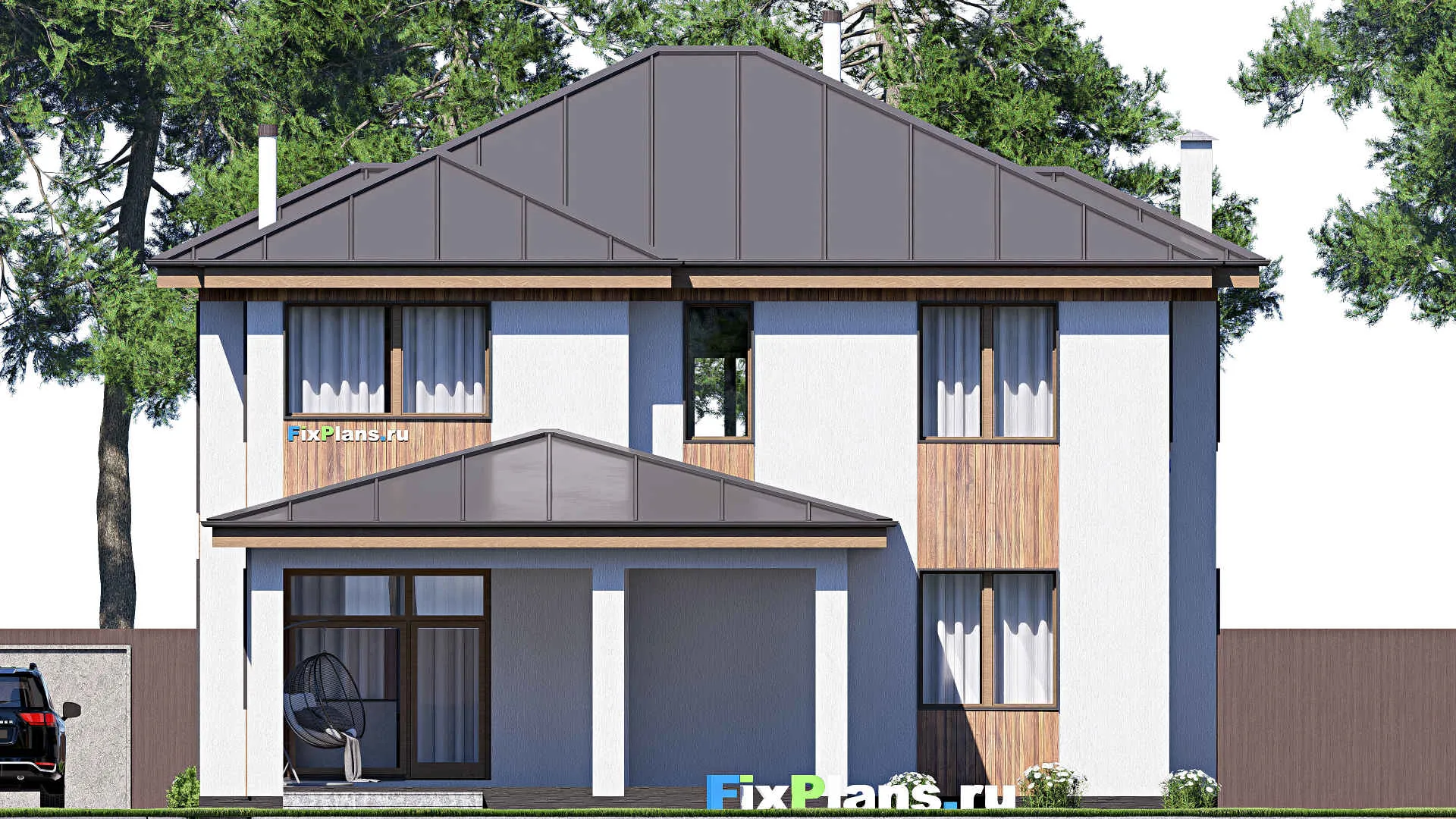 F-19655 - Проект двухэтажного дома 13 на 17, площадью 220 м² с террасой и 2 спальнями