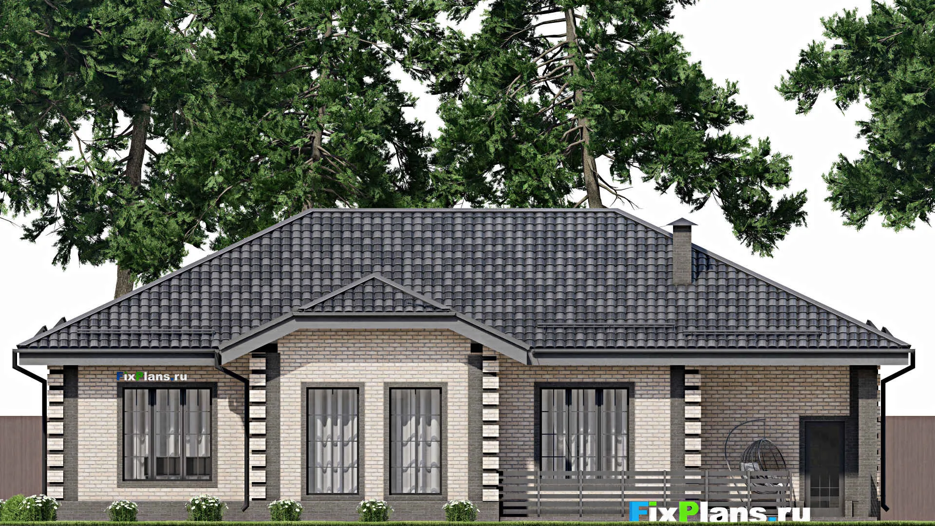 F-5561 - Проект одноэтажного дома 13 на 18, площадью 190 м² с террасой, гаражом на 1 машину и 3 спальнями