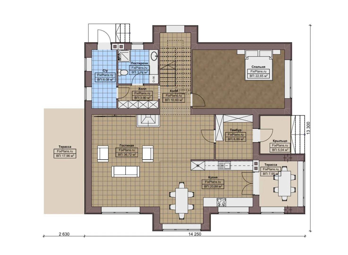 F-7955 - Планы двухэтажного дома 14 на 15, площадью 270 м² с террасой, балконом и 4 спальнями