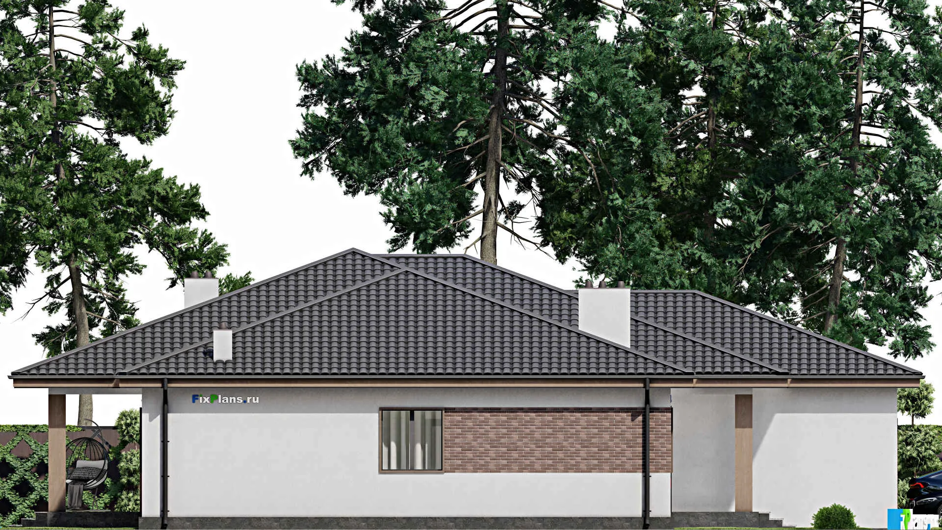 F-4553 - Проект одноэтажного дома 18 на 22, площадью 310 м² с террасой, гаражом на 2 машины и 3 спальнями