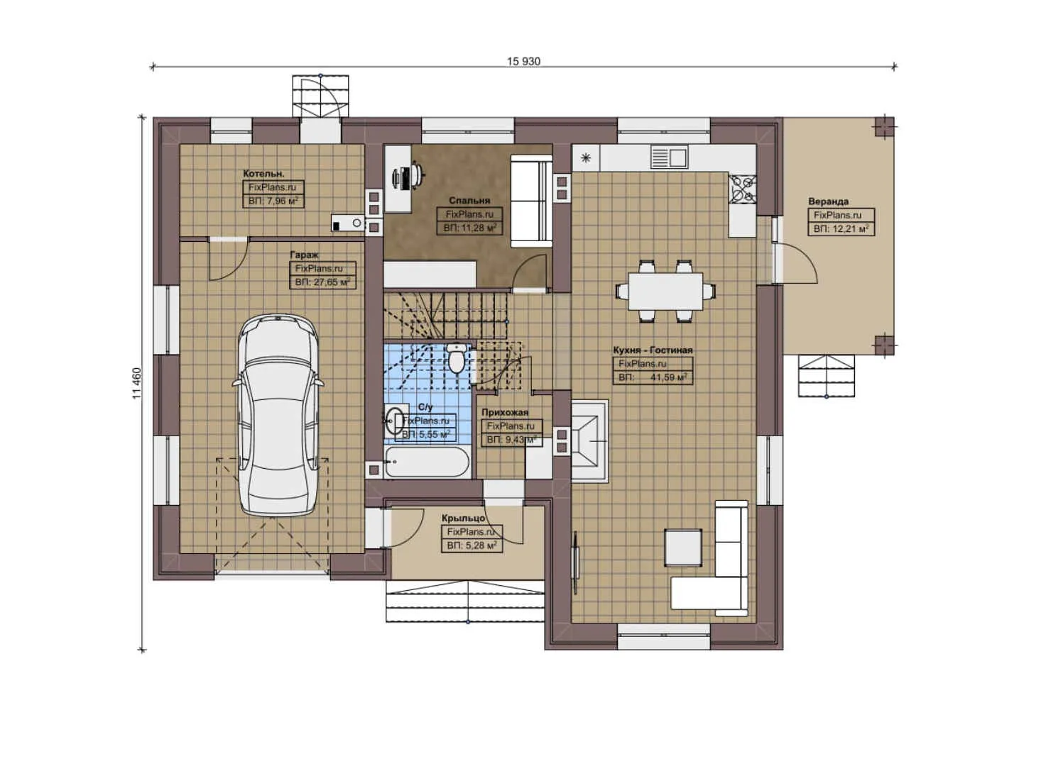 F-7676 - Планы дома с мансардой 12 на 16, площадью 190 м² с террасой, балконом, гаражом на 1 машину и 4 спальнями